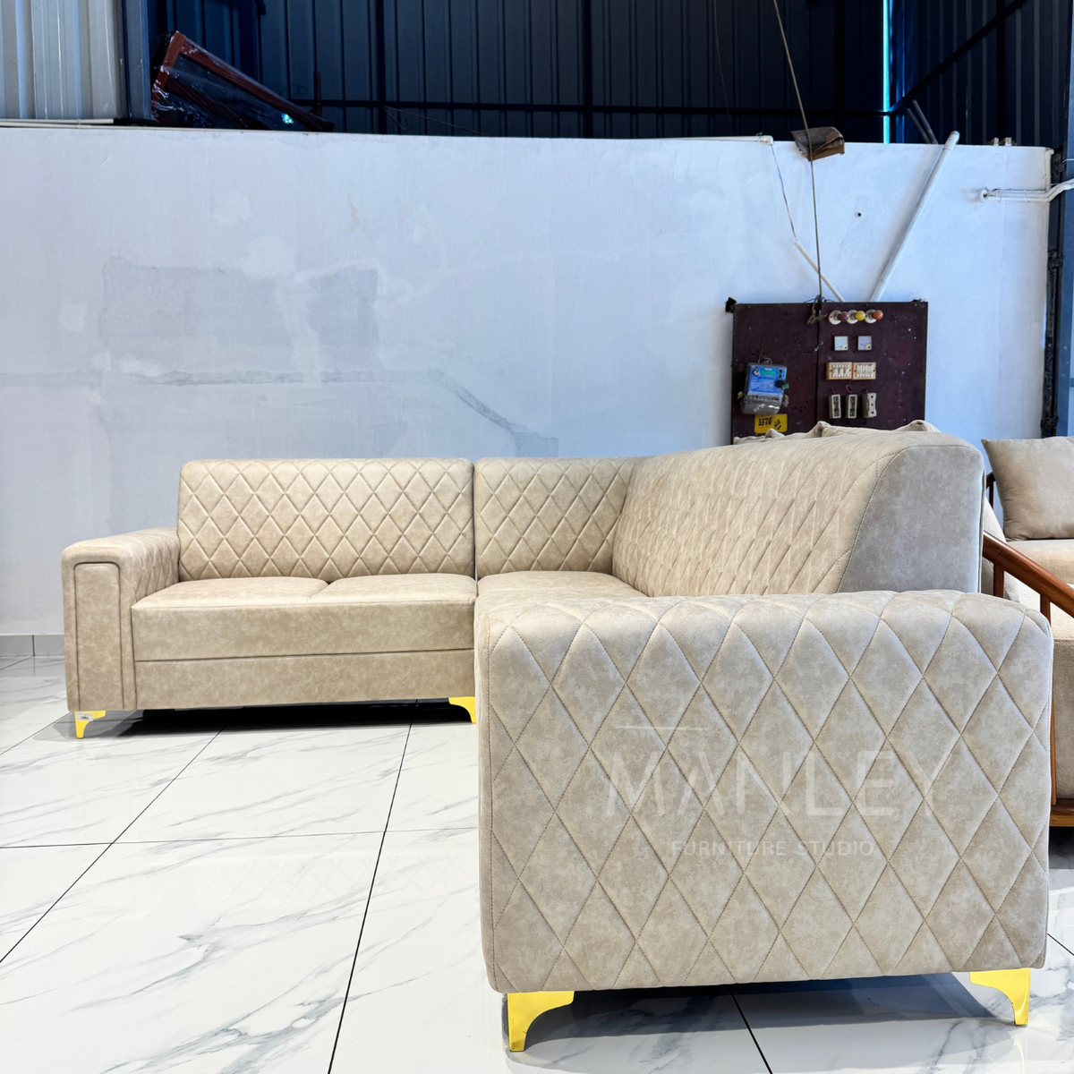 KINARA CORNER SOFA | SUEDE & REXINE MIX FABRIC