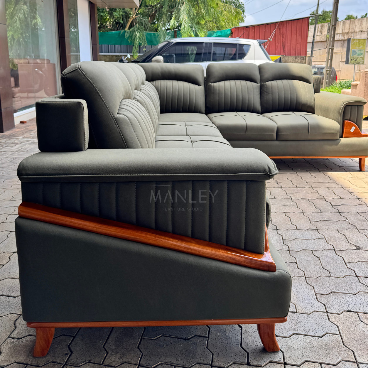 ASPEN CORNER SOFA SET | MAHOGANY WOOD & SUEDE FABRIC UPHOLSTERY | GREEN