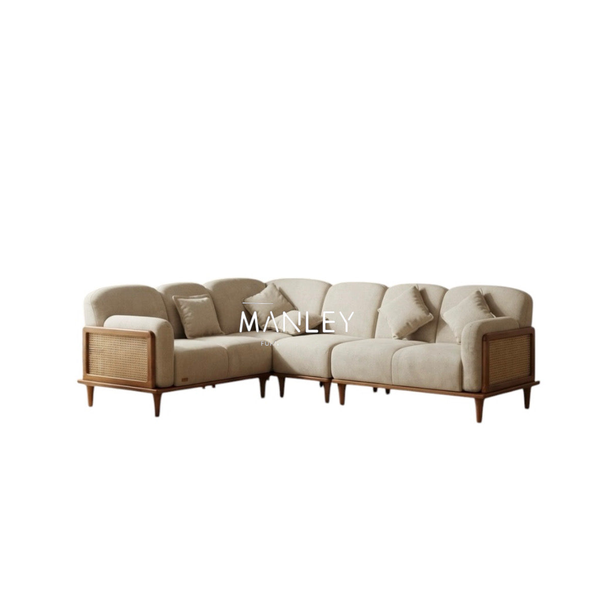 CANE SOFT CORNER SOFA SET | MAHOGANY WOOD & NATURAL CANE | CREAM