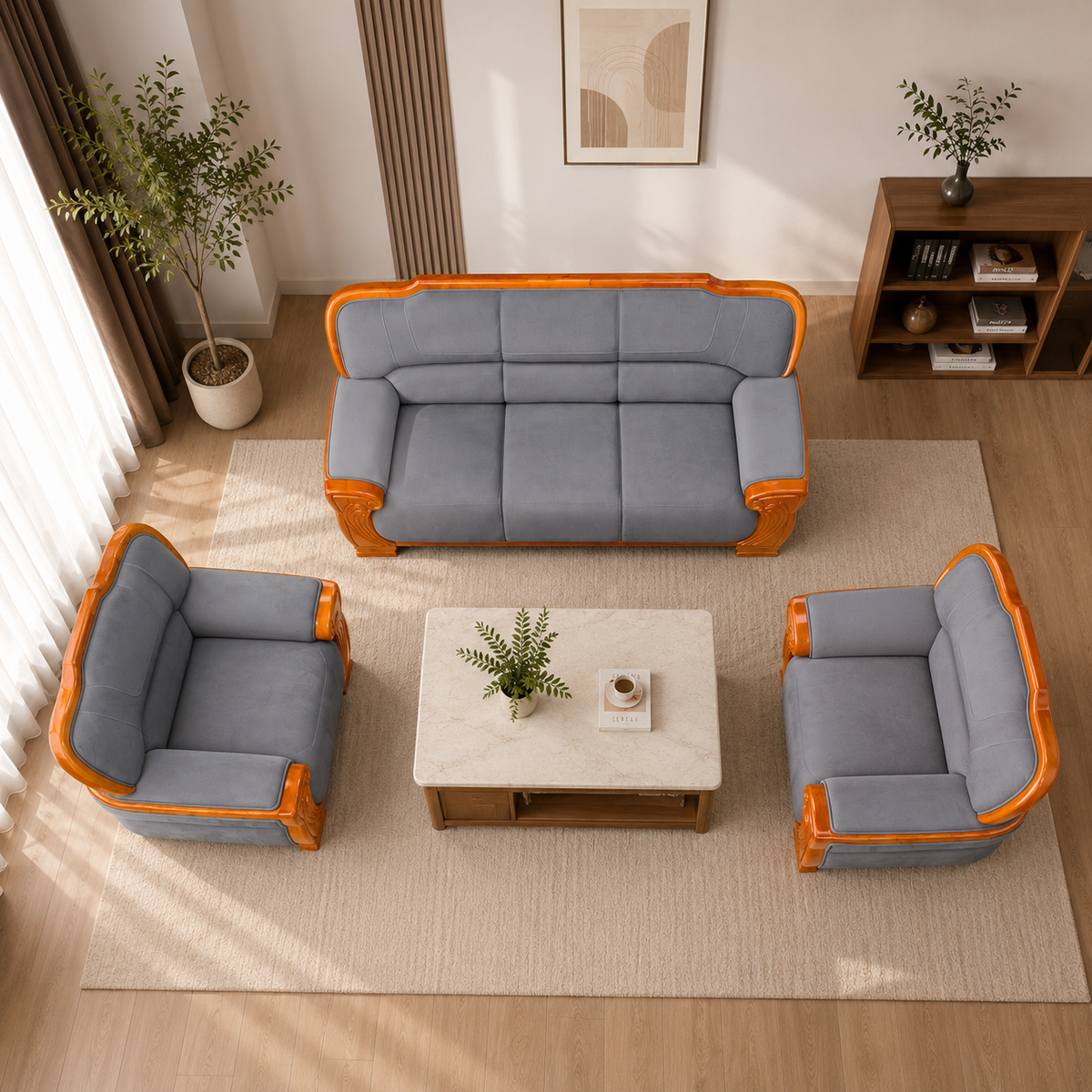 CHAISE 3+1+1 SOFA SET-TREATED MAHAGONY SUED FABRIC-GREY COLOUR