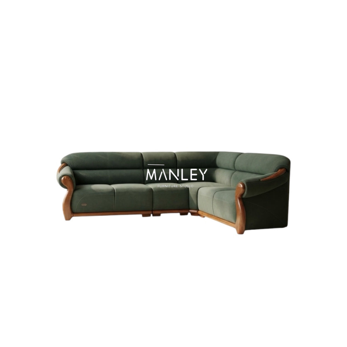 LAIKE CORNER SOFA SET | MAHOGANY WOOD & FABRIC UPHOLSTERY | GREEN