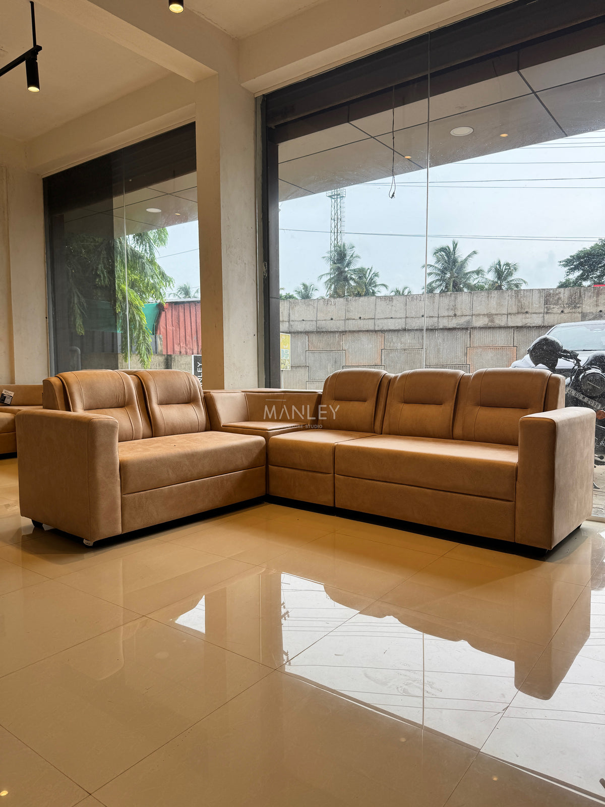 MILAN CORNER SOFA SET | ACACIA WOOD & SUEDE FABRIC UPHOLSTERY | BEIGE