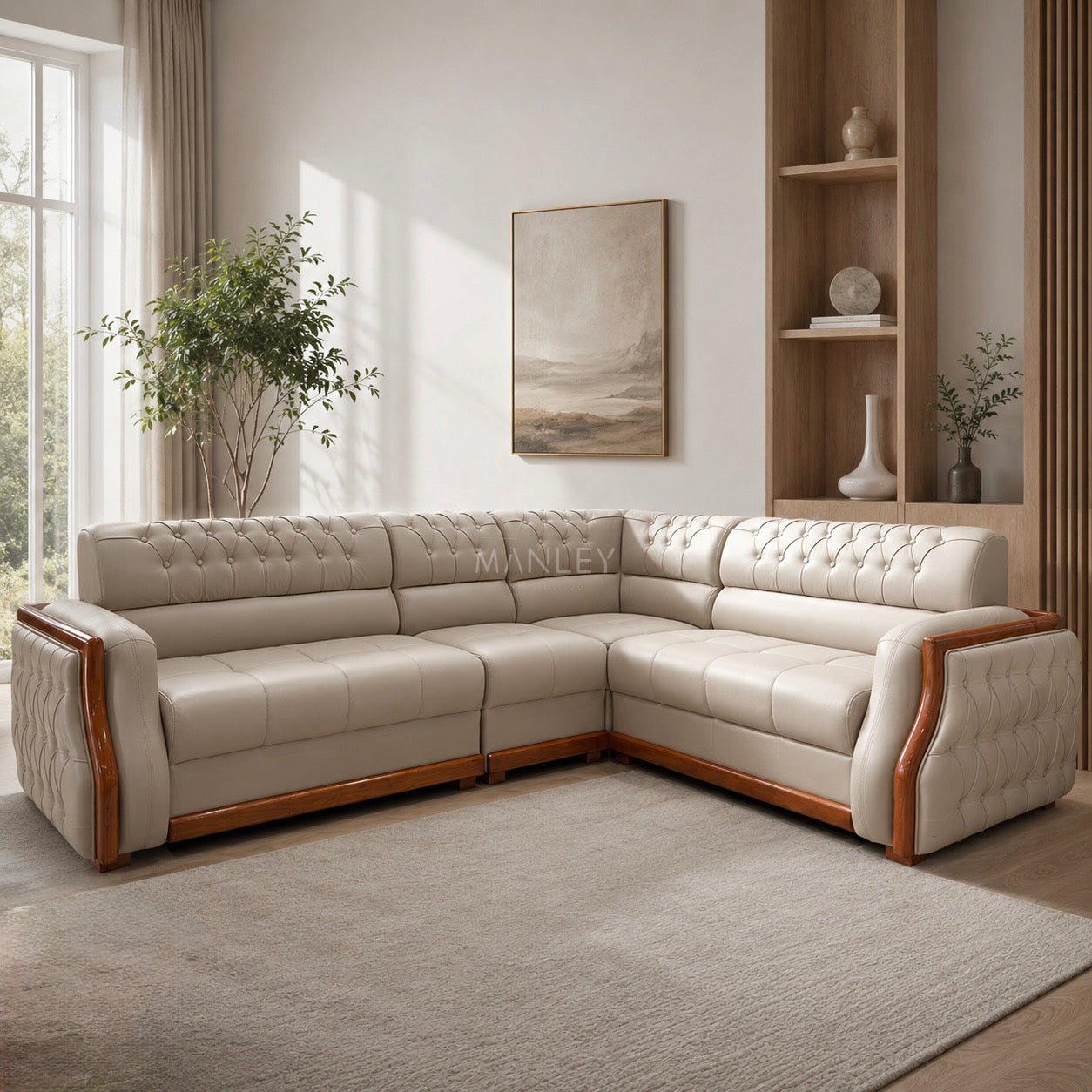 FALCON CORNER SOFA SET | MAHOGANY WOOD & FABRIC UPHOLSTERY