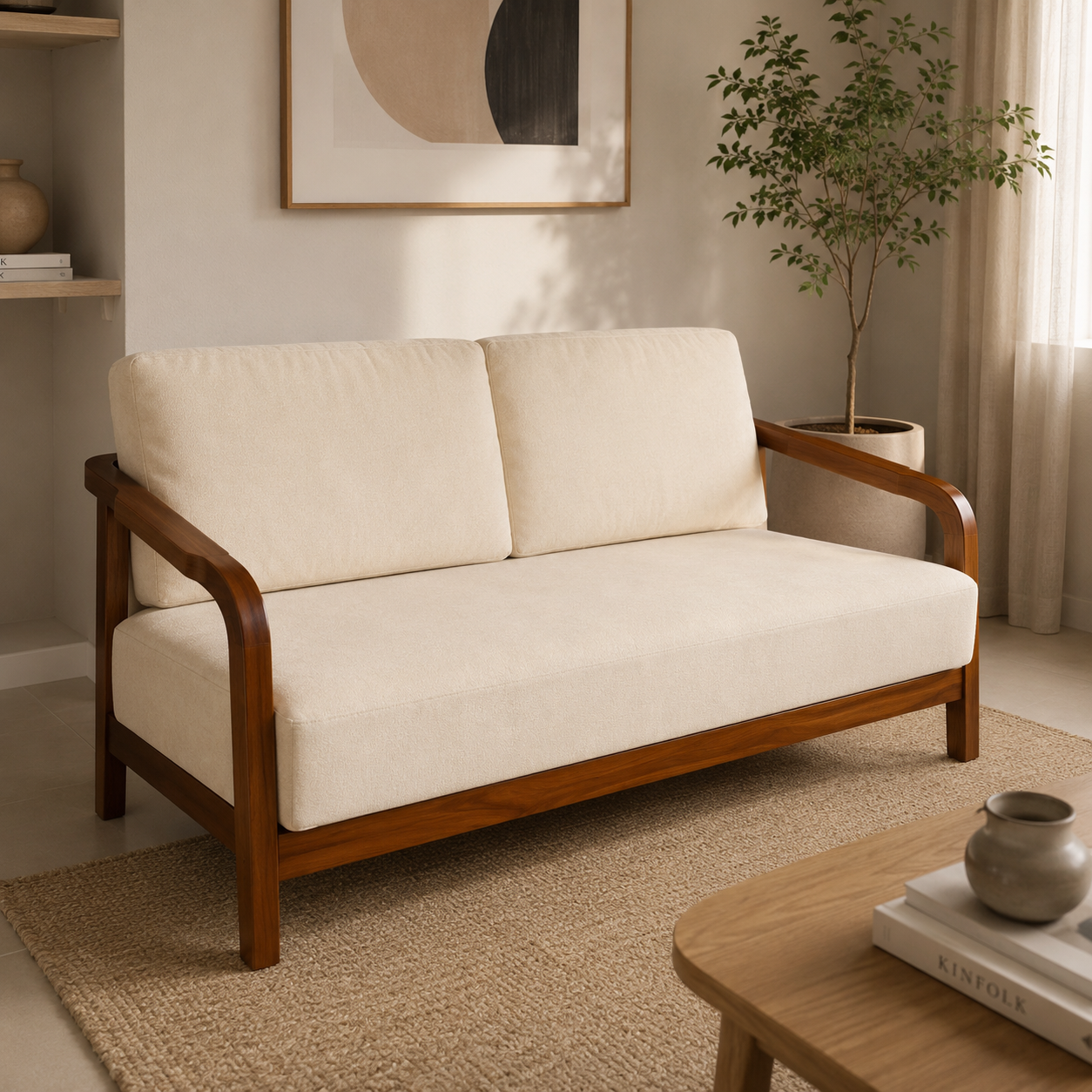 Riyon Solid Wood Sofa Set – Off White | Premium Living Room Furniture