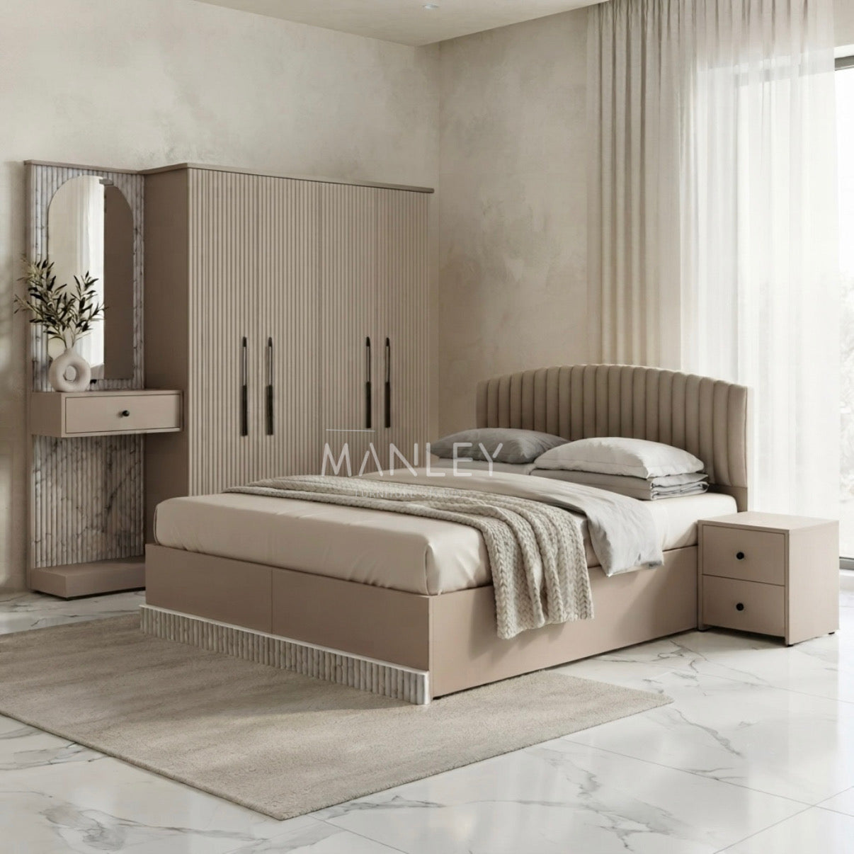 LUNAR 4-DOOR BEDROOM SET | PARTICLE BOARD & CUSHIONED HEADBOARD | WHITE