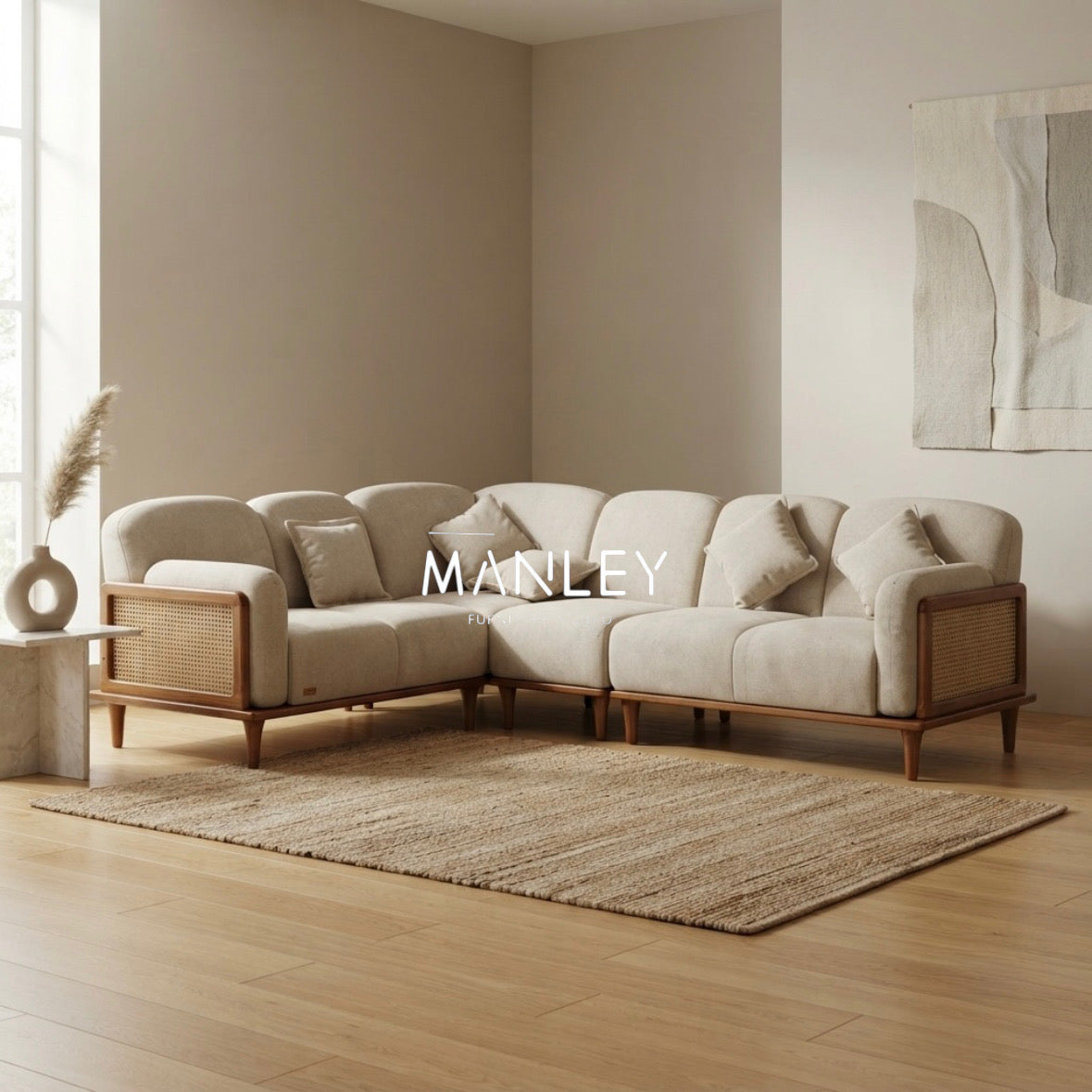 CANE SOFT CORNER SOFA SET | MAHOGANY WOOD & NATURAL CANE | CREAM