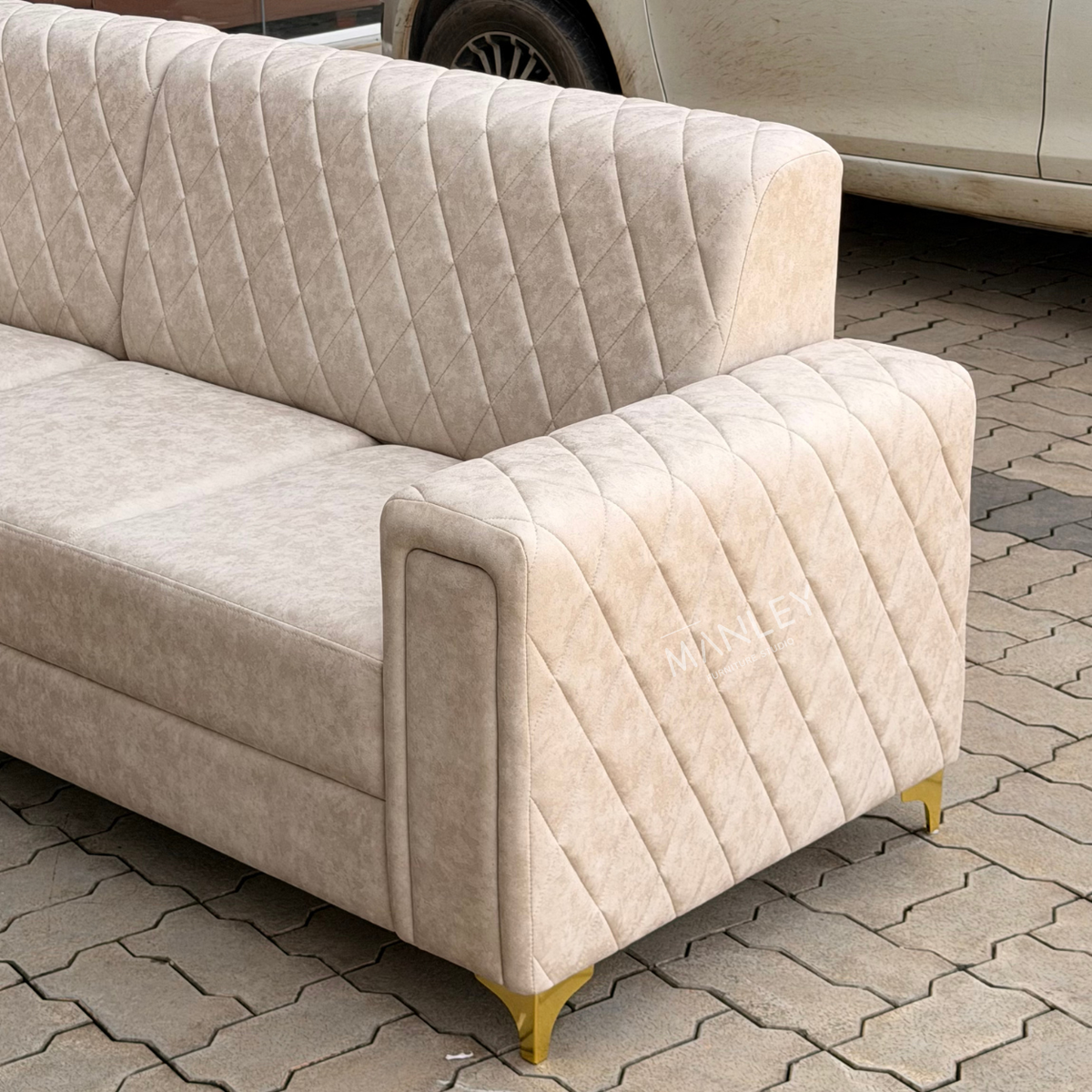 CROWN CORNER SOFA SET | SUEDE FABRIC & METAL LEGS | BEIGE COLOUR