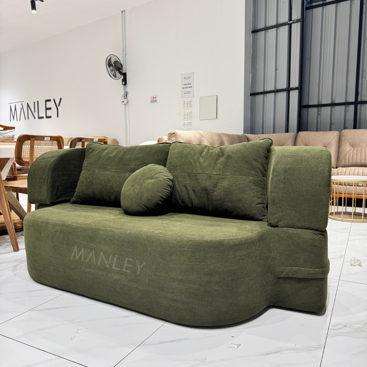 PLUSH SOFA CUM BED | JUTE FABRIC | GREEN COLOUR