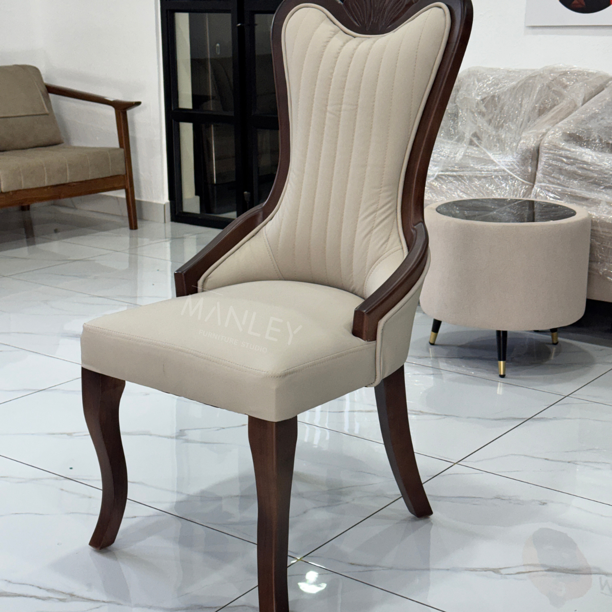 WINDSOR CHAIR | MAHOGANY WOOD & SUEDE FABRIC | ASH GREY COLOUR