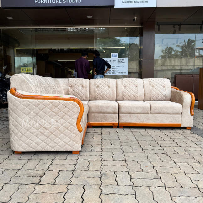 LOREN CORNER SOFA SET | MAHOGANY WOOD & SUEDE FABRIC UPHOLSTERY