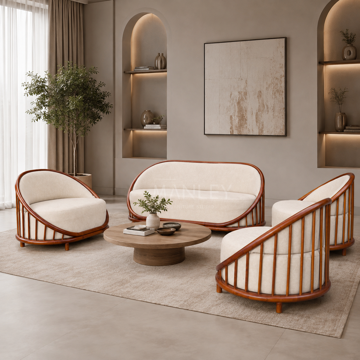 POSHEN 3+2+1+1 SOFA SET | MAHOGANY WOOD & SUEDE FABRIC UPHOLSTERY