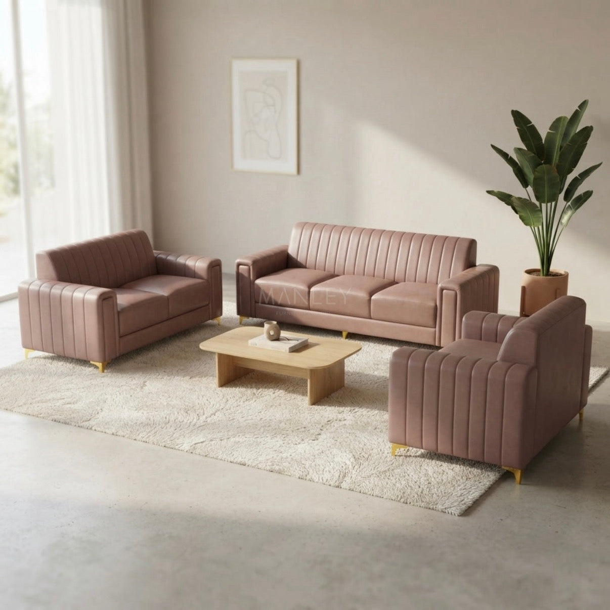BOXER LINER 3+2+2 SOFA SET | ACACIA WOOD & SUEDE FABRIC | BROWN
