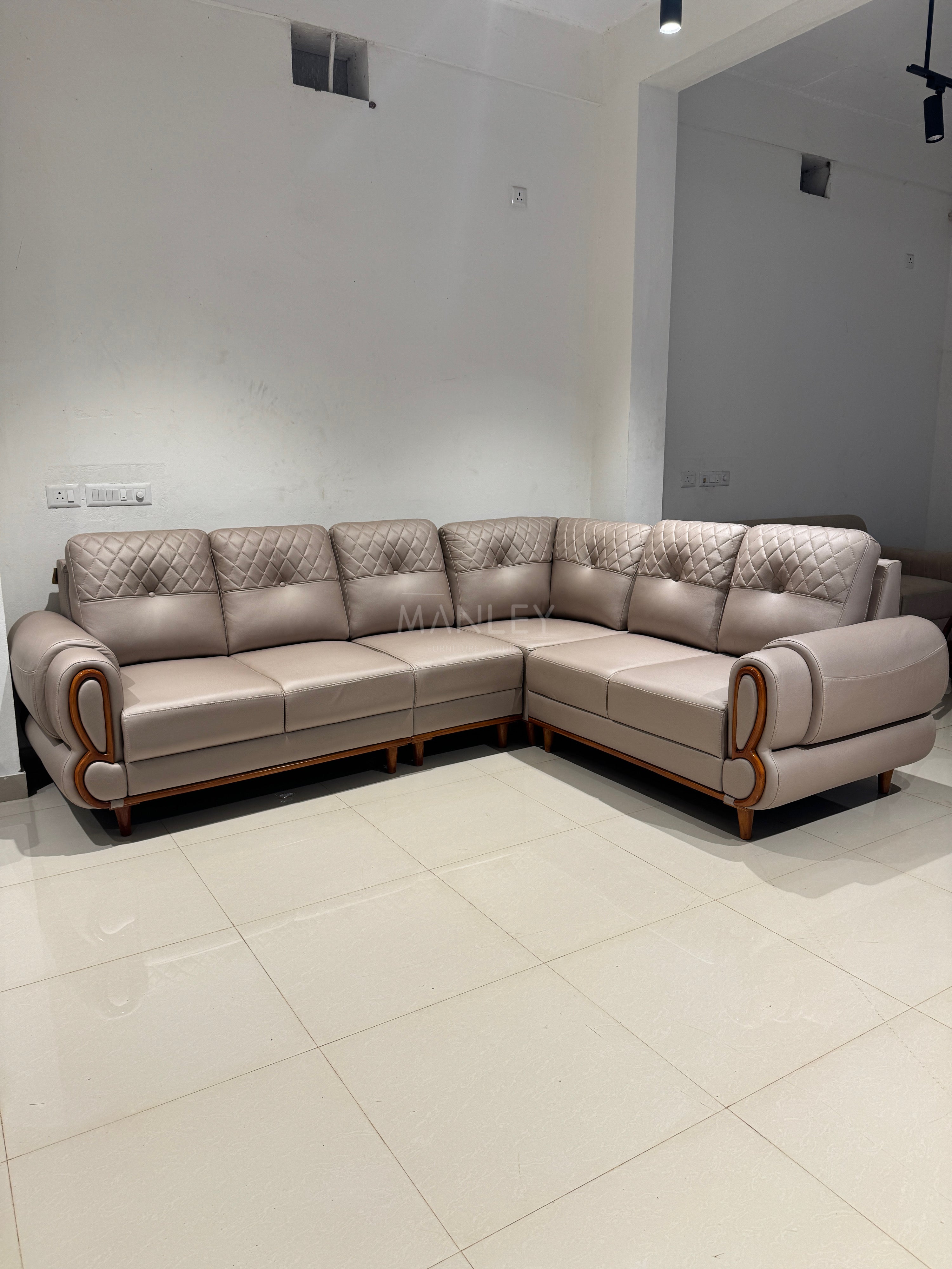 JASPER CORNER SOFA SET | MAHOGANY WOOD & FABRIC UPHOLSTERY | BEIGE