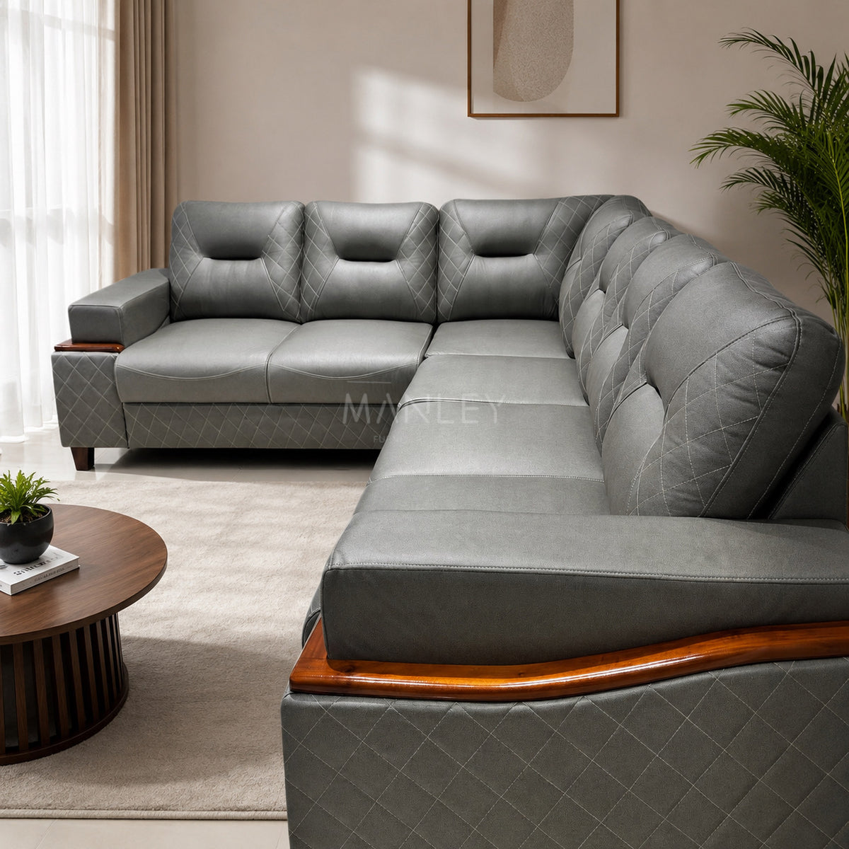 CREST CORNER SOFA SET | MAHOGANY WOOD & SUEDE FABRIC UPHOLSTERY