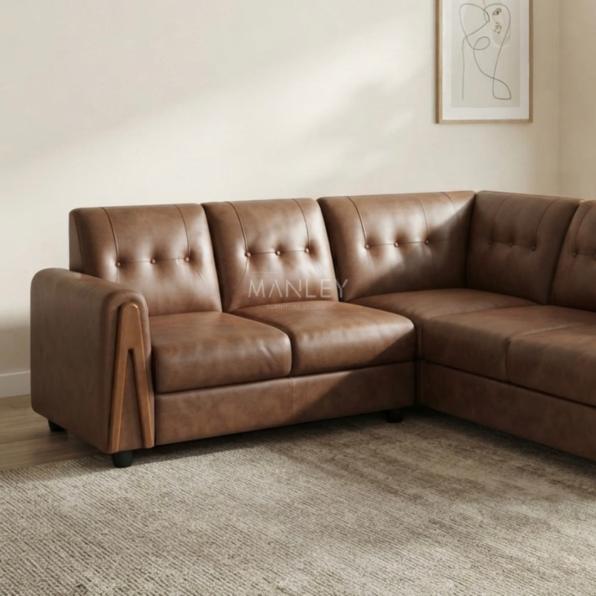 TRIANGLE CORNER SOFA SET | MAHOGANY WOOD & SUEDE FABRIC UPHOLSTERY