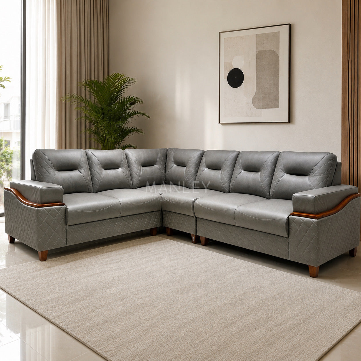 CREST CORNER SOFA SET | MAHOGANY WOOD & SUEDE FABRIC UPHOLSTERY