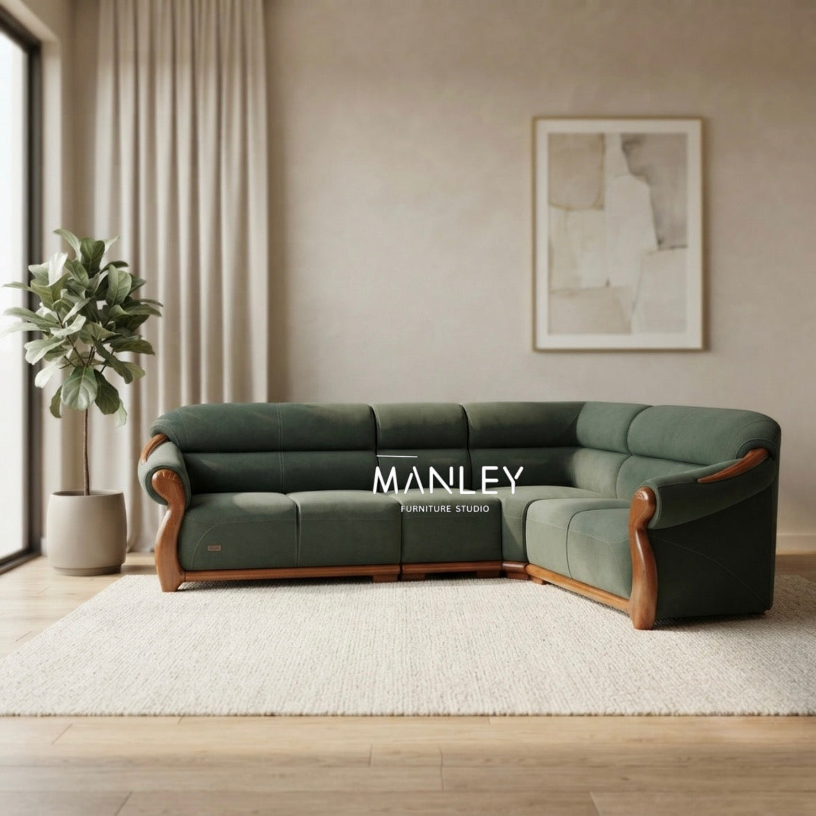 LAIKE CORNER SOFA SET | MAHOGANY WOOD & FABRIC UPHOLSTERY | GREEN