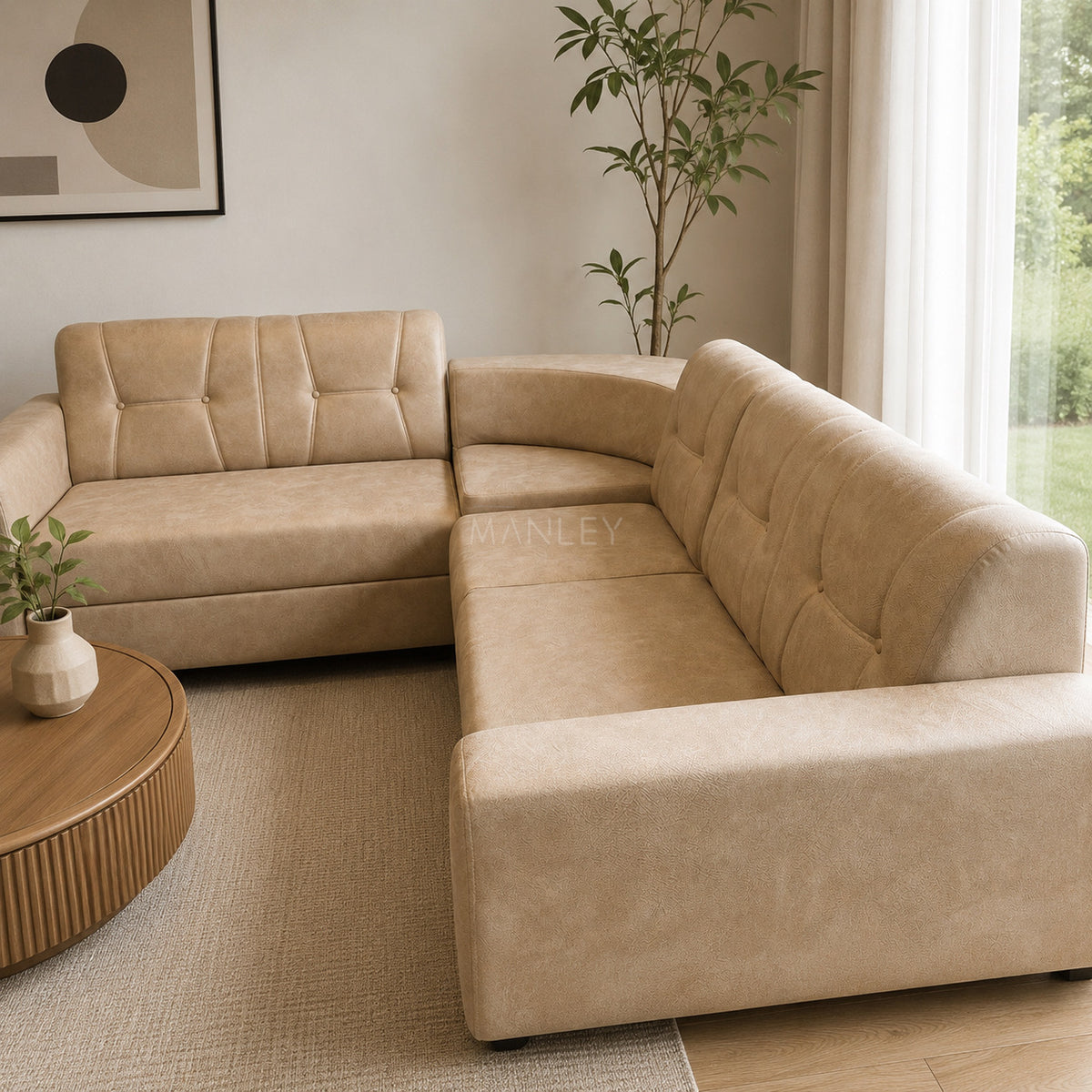 VERONA CORNER SOFA SET | ACACIA WOOD & SUEDE FABRIC UPHOLSTERY
