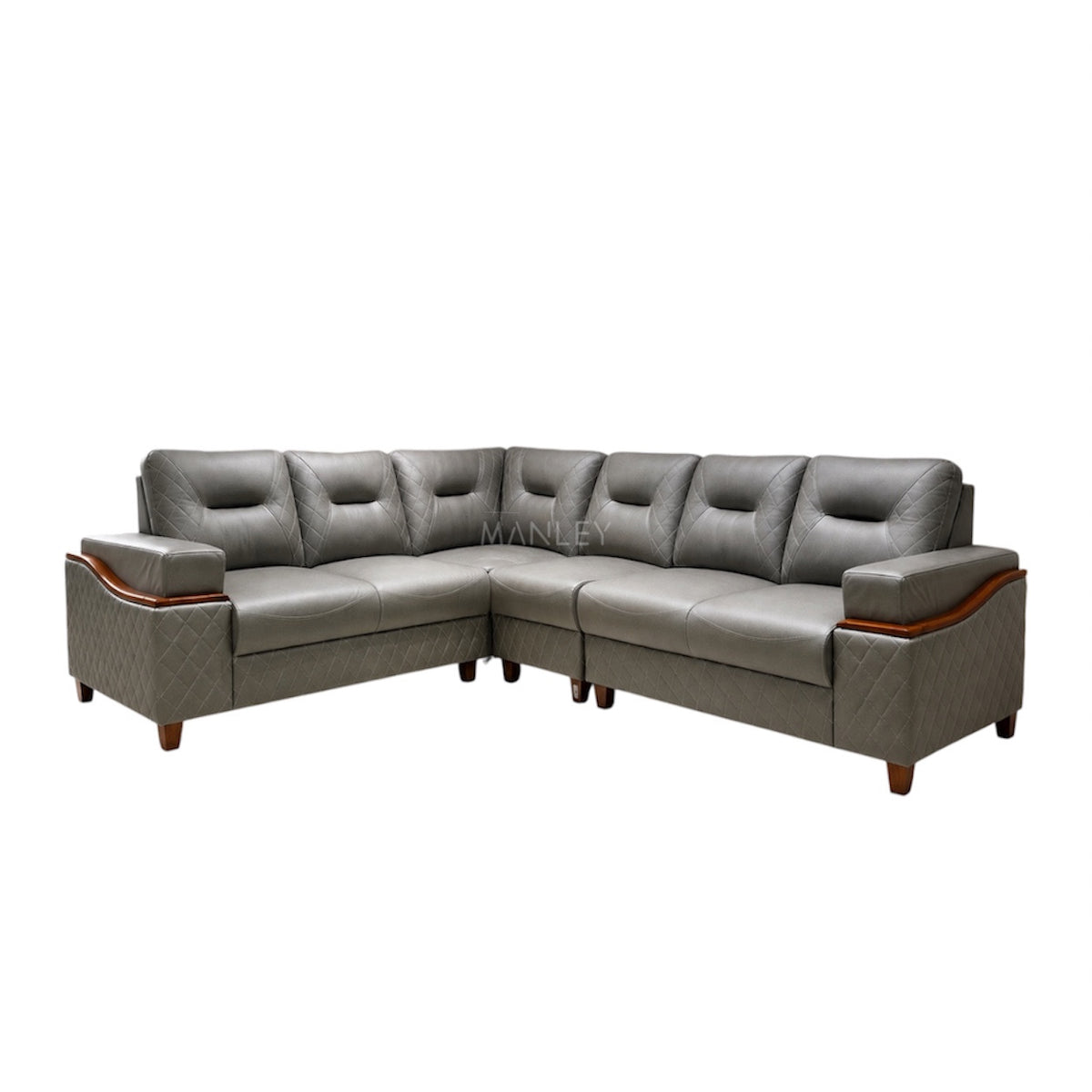 CREST CORNER SOFA SET | MAHOGANY WOOD & SUEDE FABRIC UPHOLSTERY