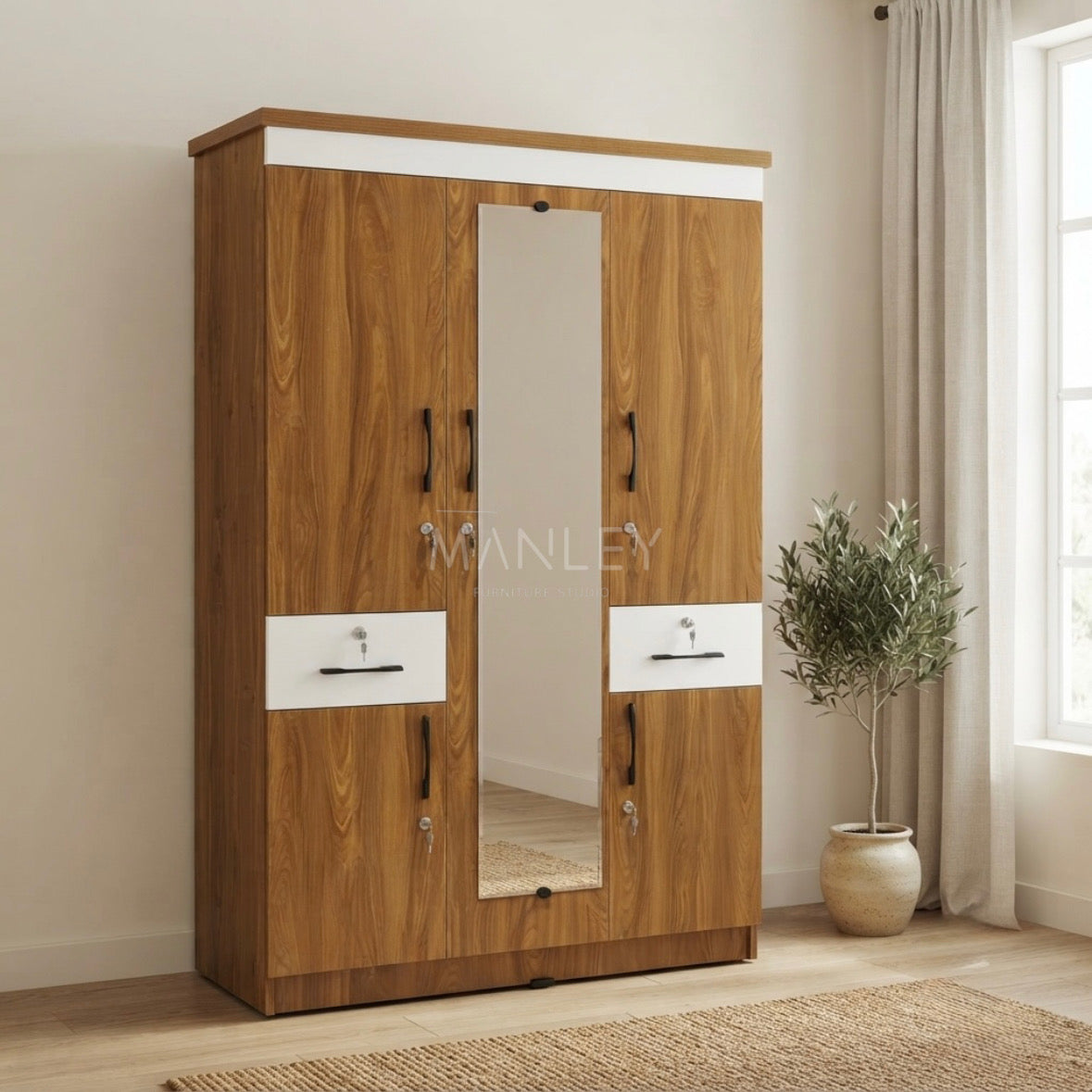 LAYON 3-DOOR WARDROBE | PARTICLE BOARD | BROWN & WHITE COLOUR