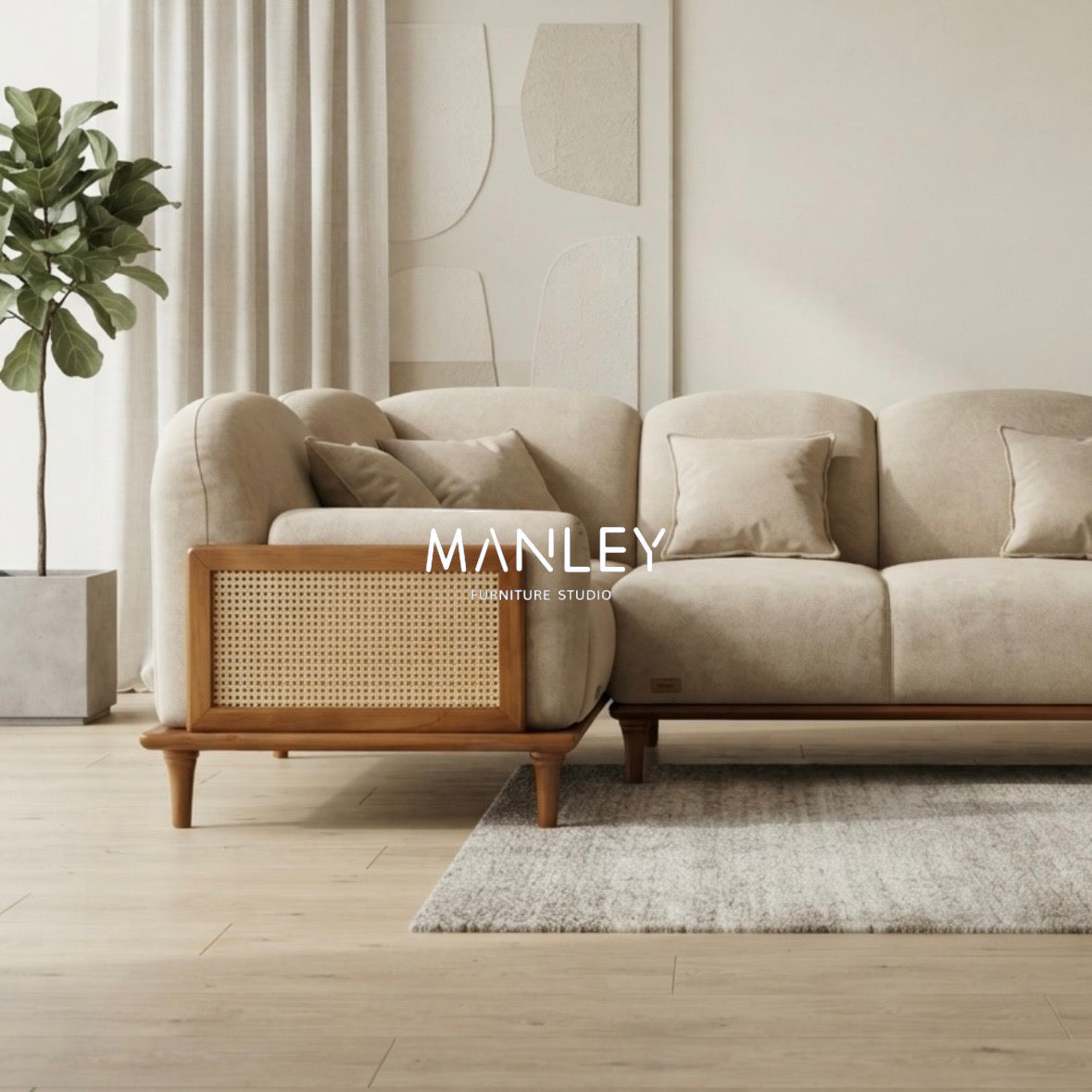 CANE SOFT CORNER SOFA SET | MAHOGANY WOOD & NATURAL CANE | CREAM