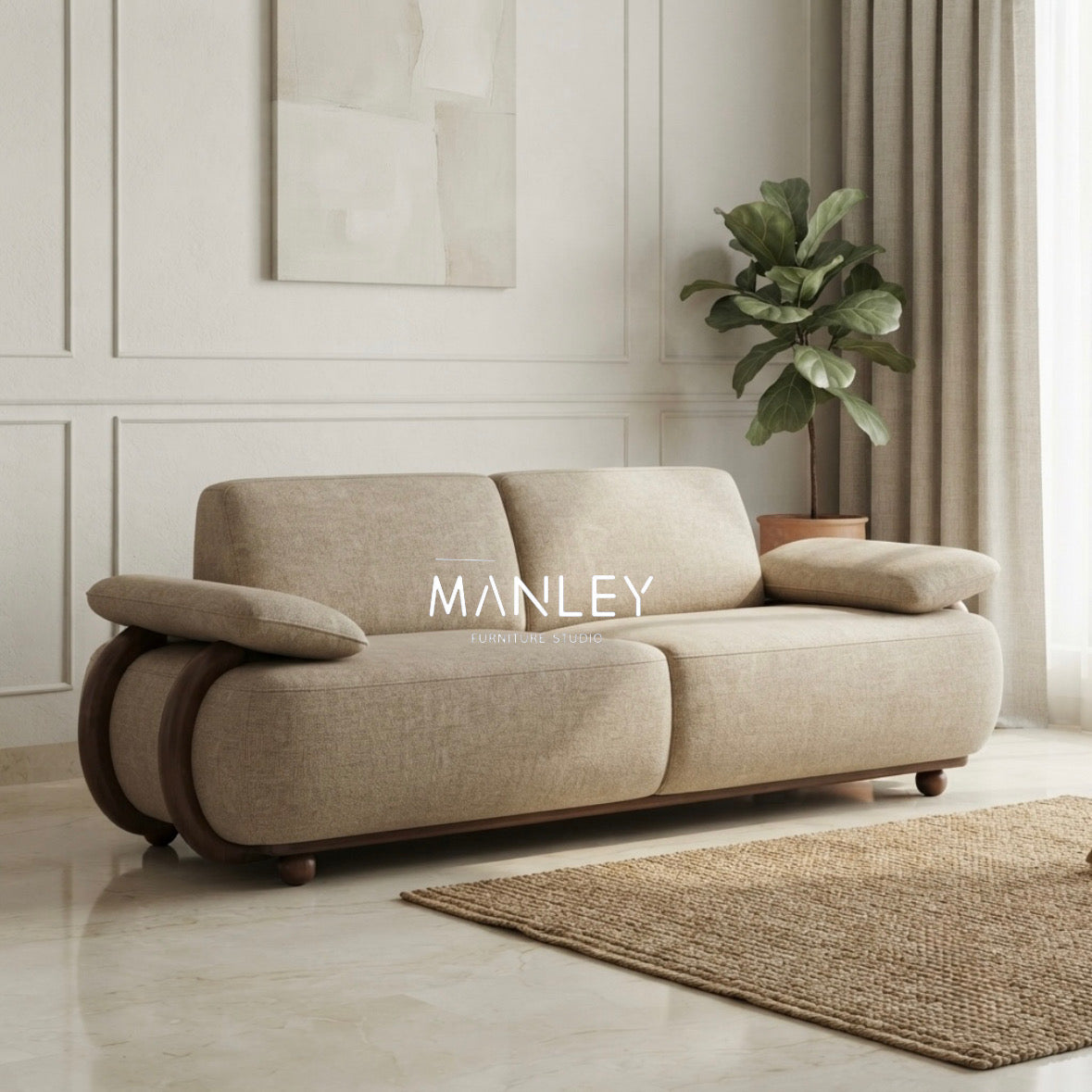 SLEEV 2+2 SOFA SET | MAHOGANY WOOD & FABRIC UPHOLSTERY | CREAM