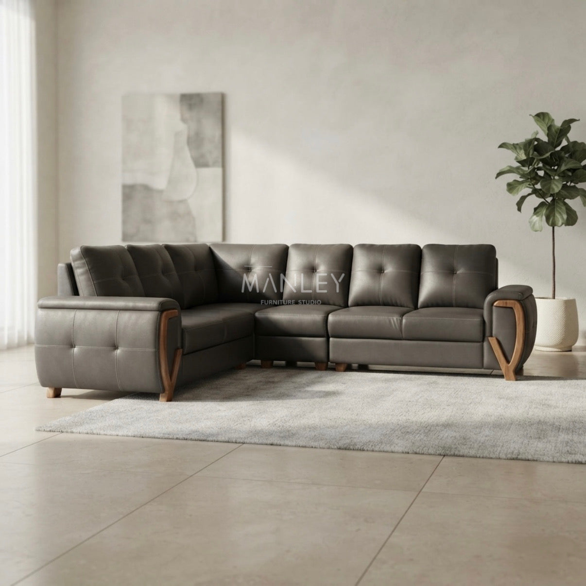 LANEAR CORNER SOFA SET | MAHOGANY WOOD & SUEDE FABRIC UPHOLSTERY