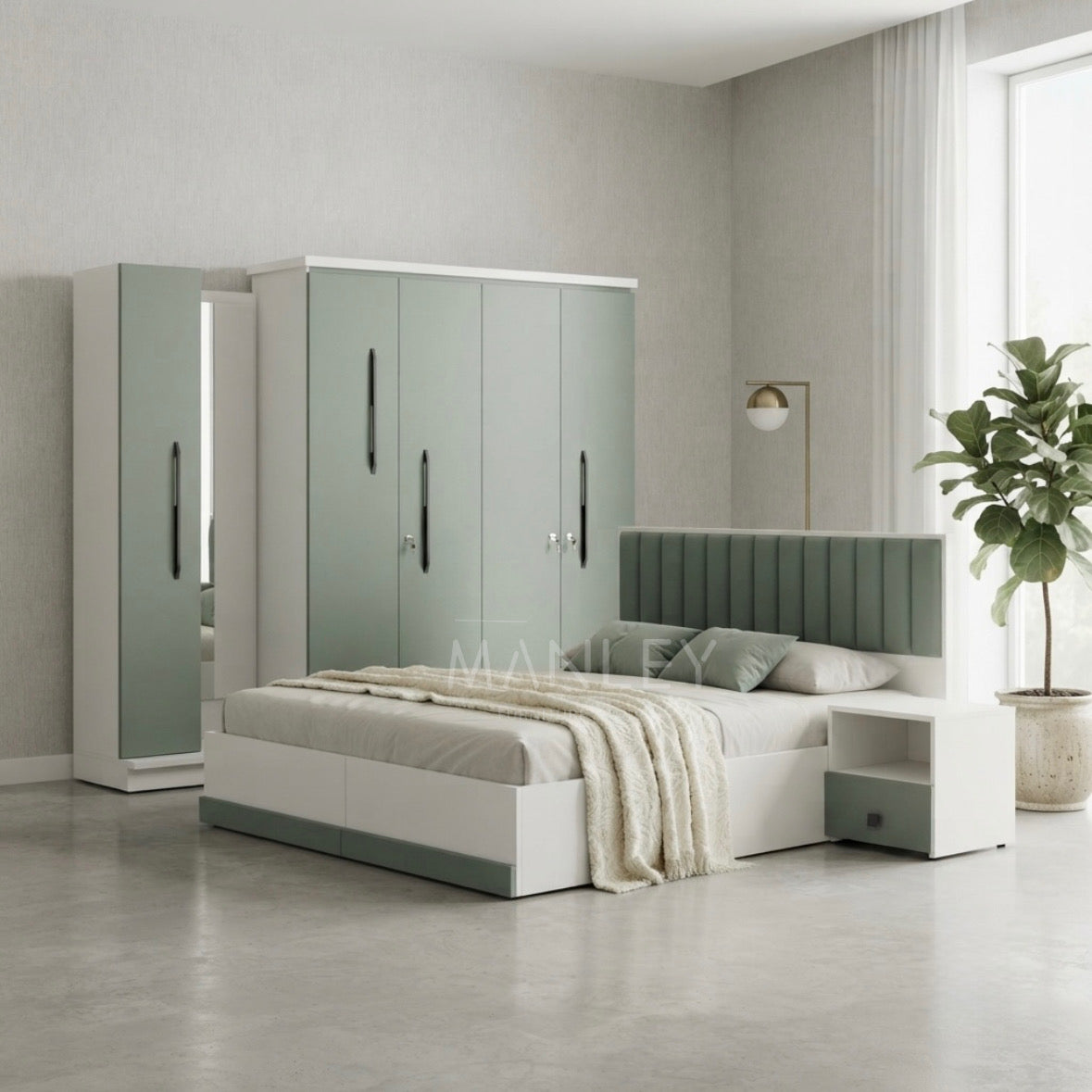 GREEK 4-DOOR QUEEN SIZE BEDROOM SET | PARTICLE BOARD | OLIVE GREEN & WHITE