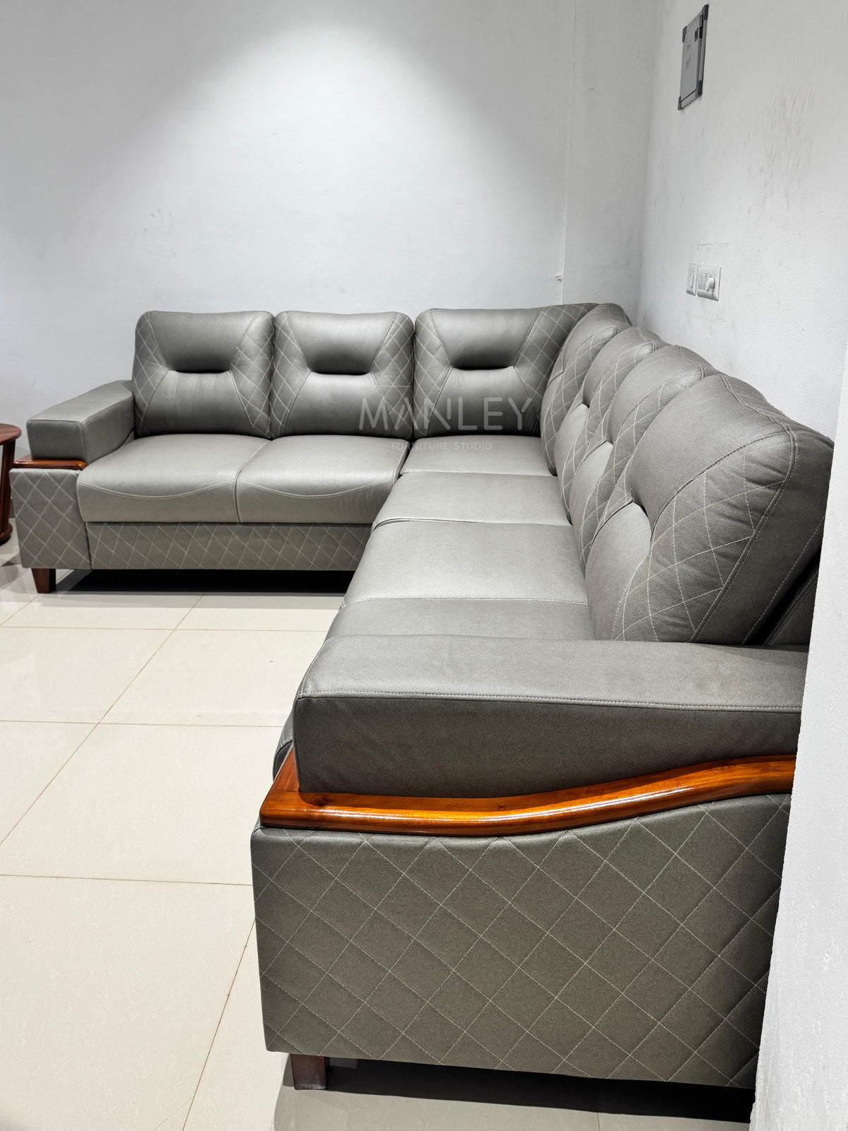 CREST CORNER SOFA SET | MAHOGANY WOOD & SUEDE FABRIC UPHOLSTERY