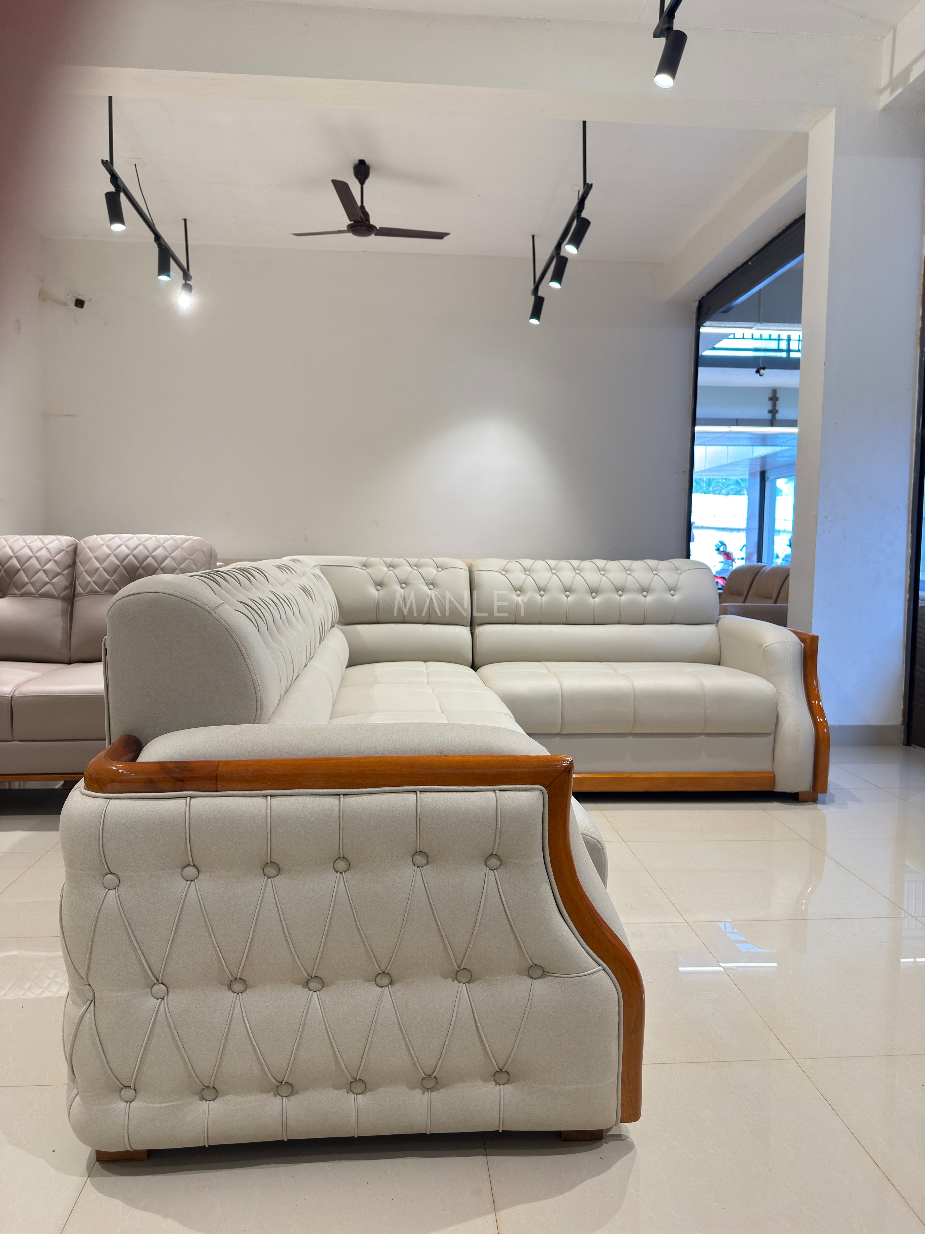 FALCON CORNER SOFA SET | MAHOGANY WOOD & FABRIC UPHOLSTERY