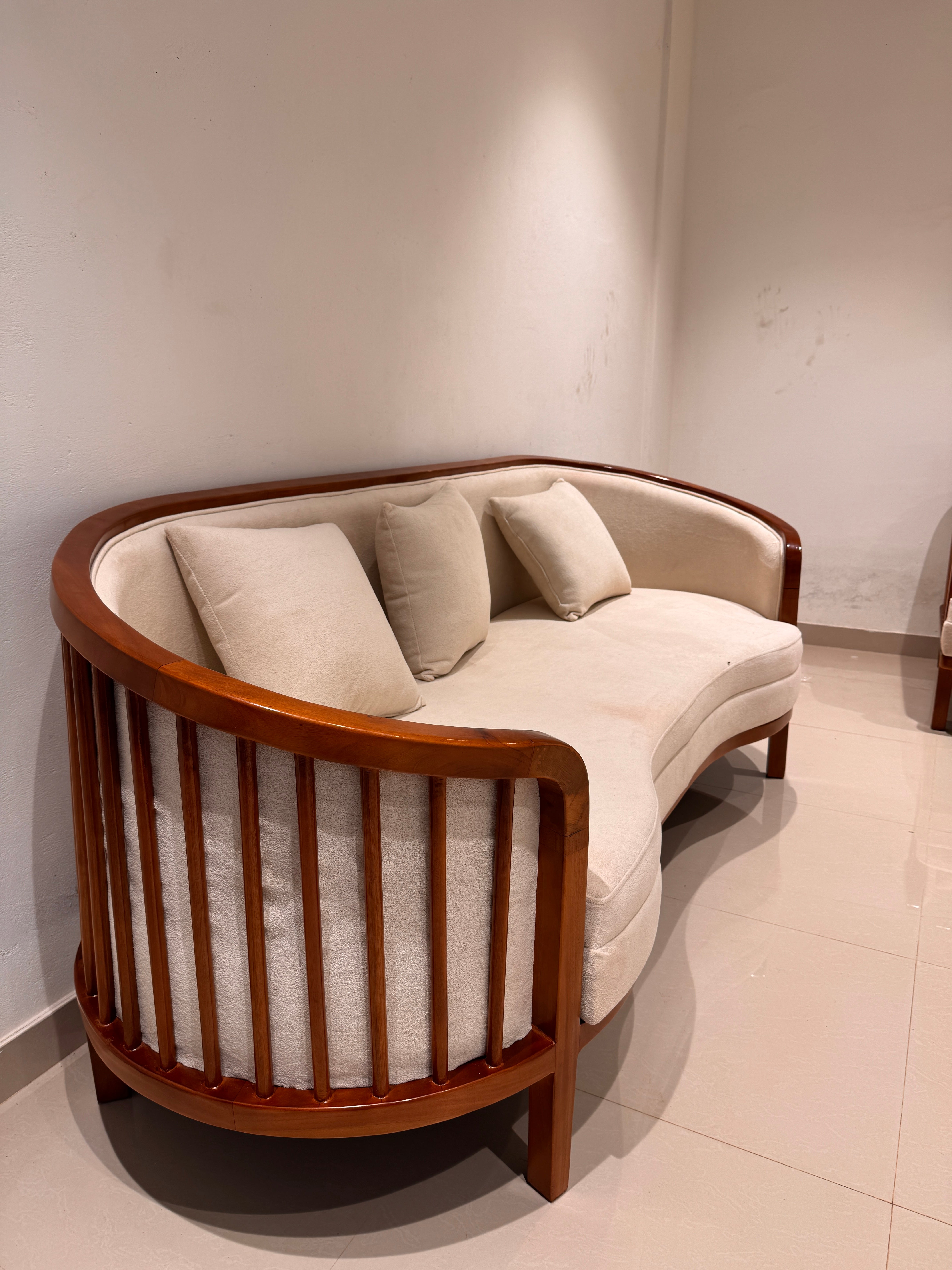 LIVORA 3+1+1 SOFASET  | TREATED MAHAGONY WOOD  & Fabric | CREAM COLOUR