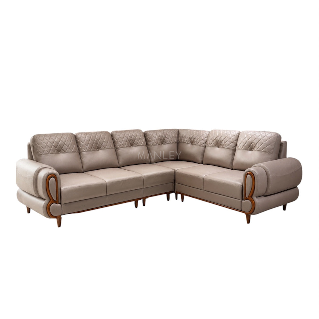 JASPER CORNER SOFA SET | MAHOGANY WOOD & FABRIC UPHOLSTERY | BEIGE