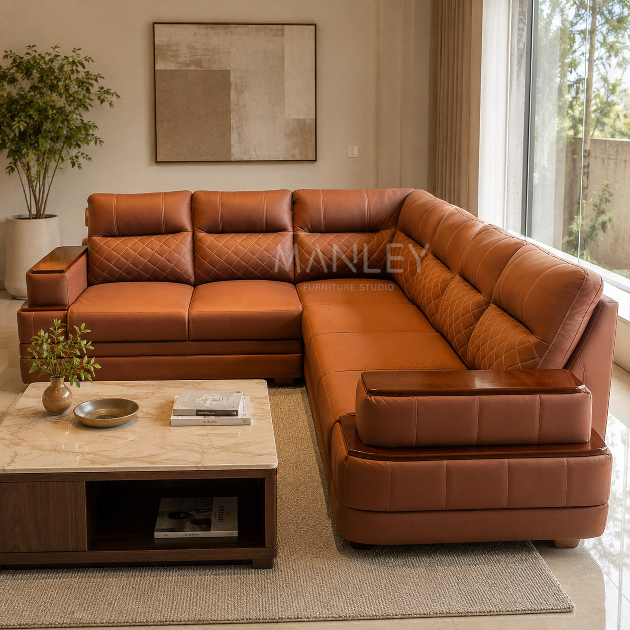 MILAN CORNER SOFASET-TREATED MAHAGONY WOOD-BROWN COLOUR
