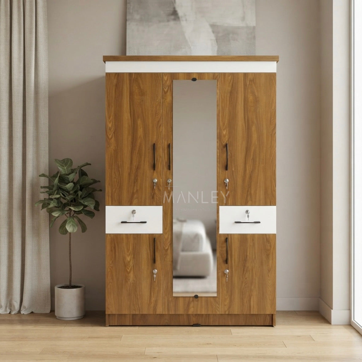 LAYON 3-DOOR WARDROBE | PARTICLE BOARD | BROWN & WHITE COLOUR