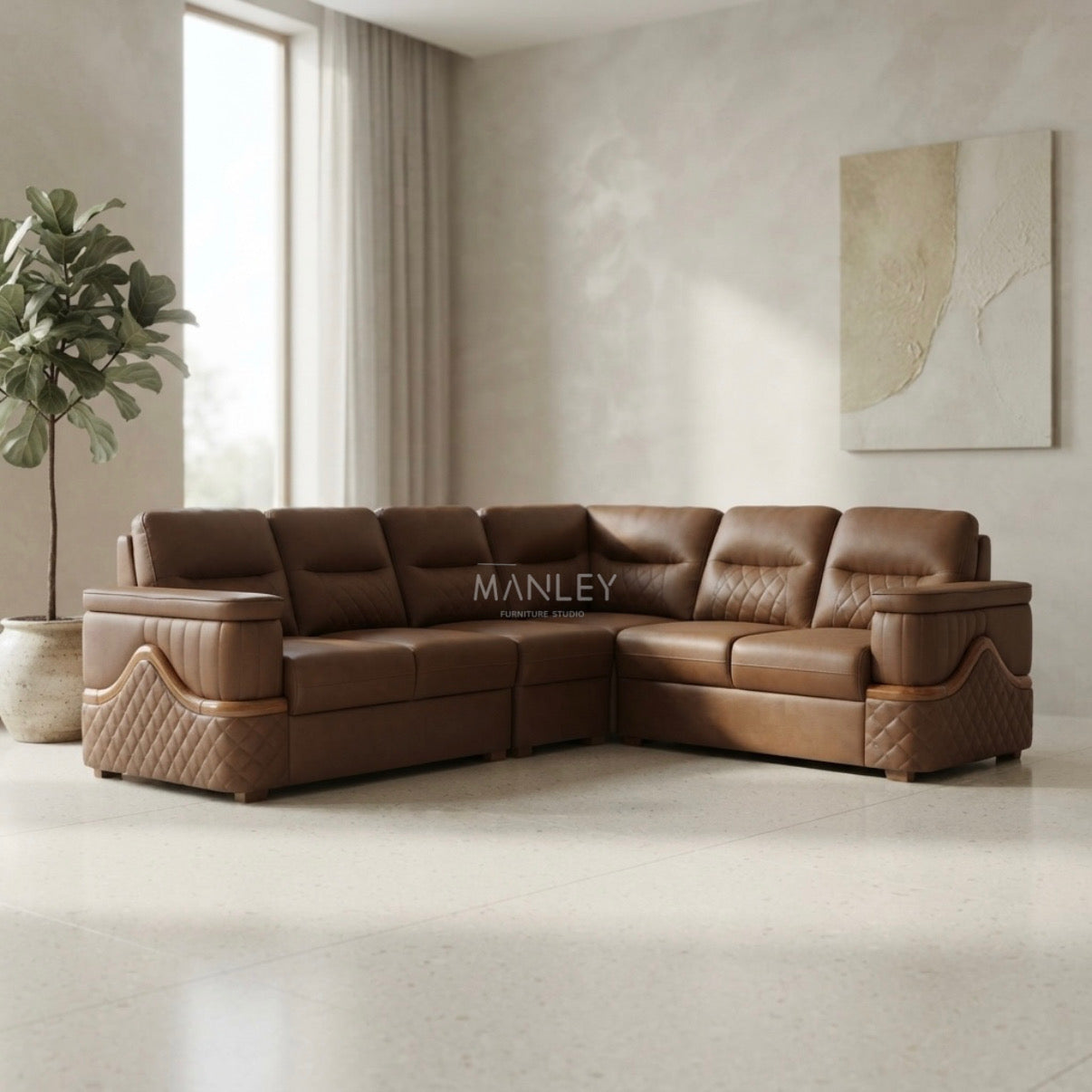 JASPER CORNER SOFA SET | MAHOGANY WOOD & FABRIC UPHOLSTERY | GREY