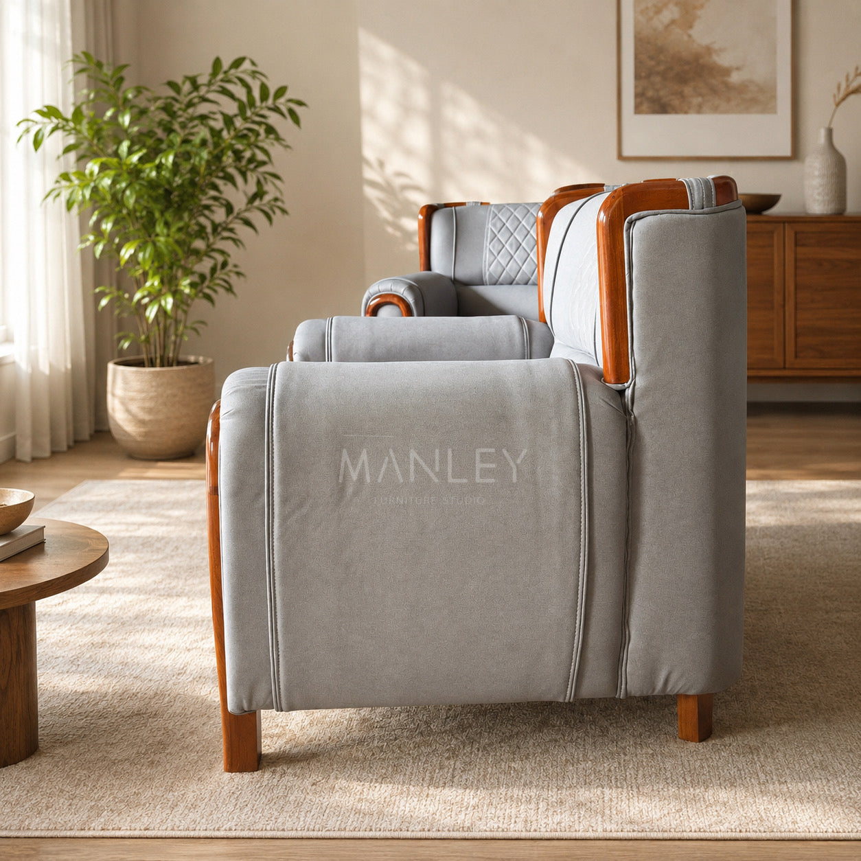 EMBER ARMCHAIR | MAHOGANY WOOD & SUEDE FABRIC | GREY