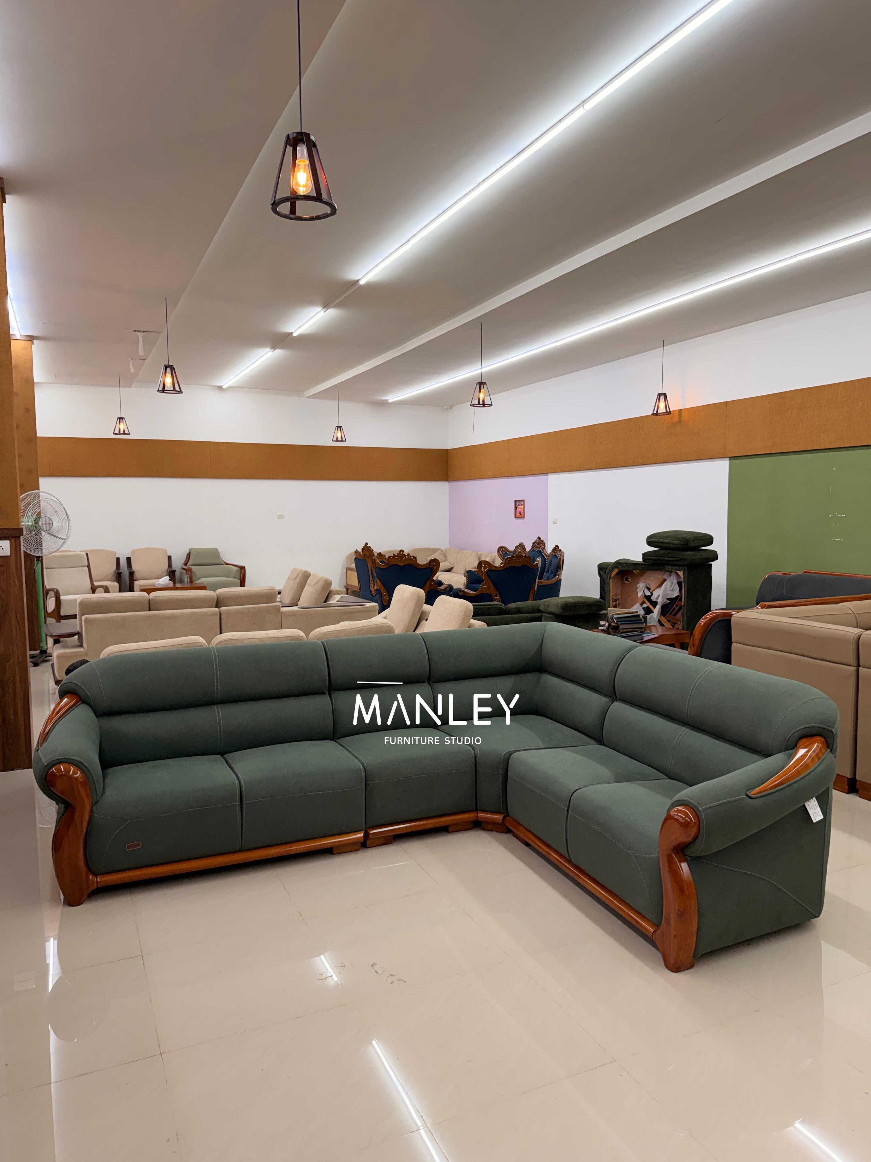 LAIKE CORNER SOFA SET | MAHOGANY WOOD & FABRIC UPHOLSTERY | GREEN