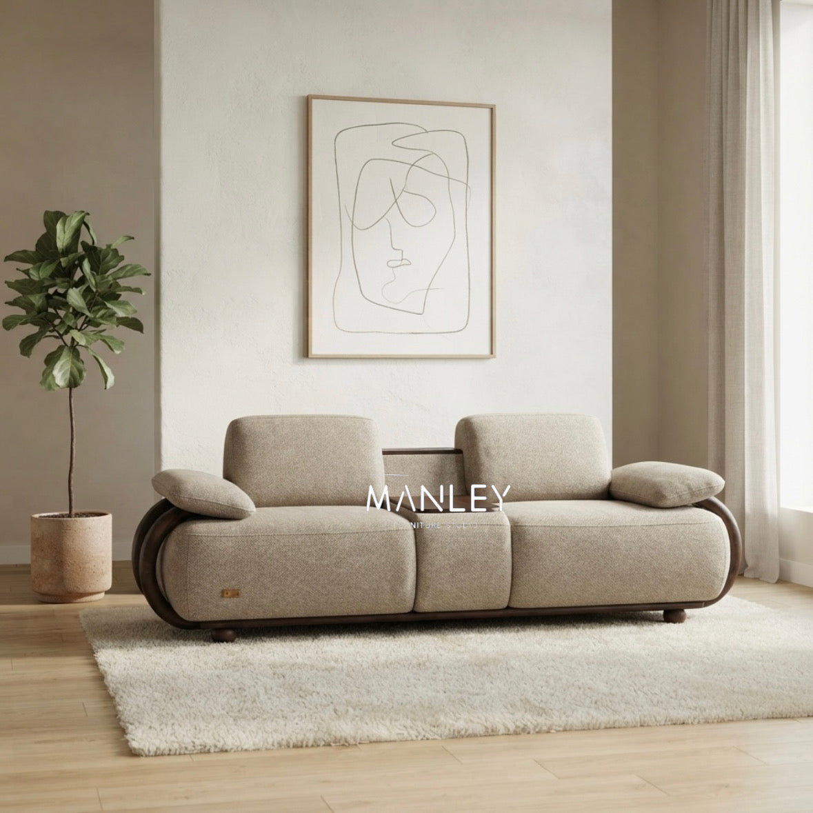 SLEEV 2+2 SOFA SET | MAHOGANY WOOD & FABRIC UPHOLSTERY | CREAM