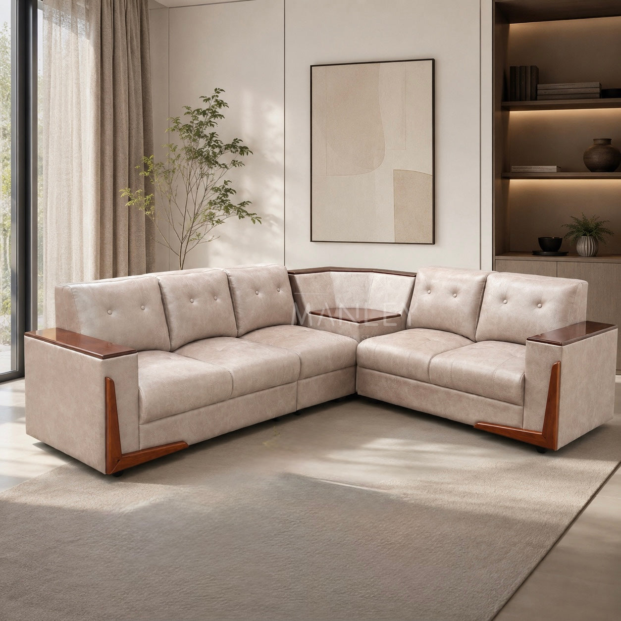 FLEX CORNER SOFA SET | MAHOGANY WOOD & SUEDE FABRIC UPHOLSTERY | BEIGE