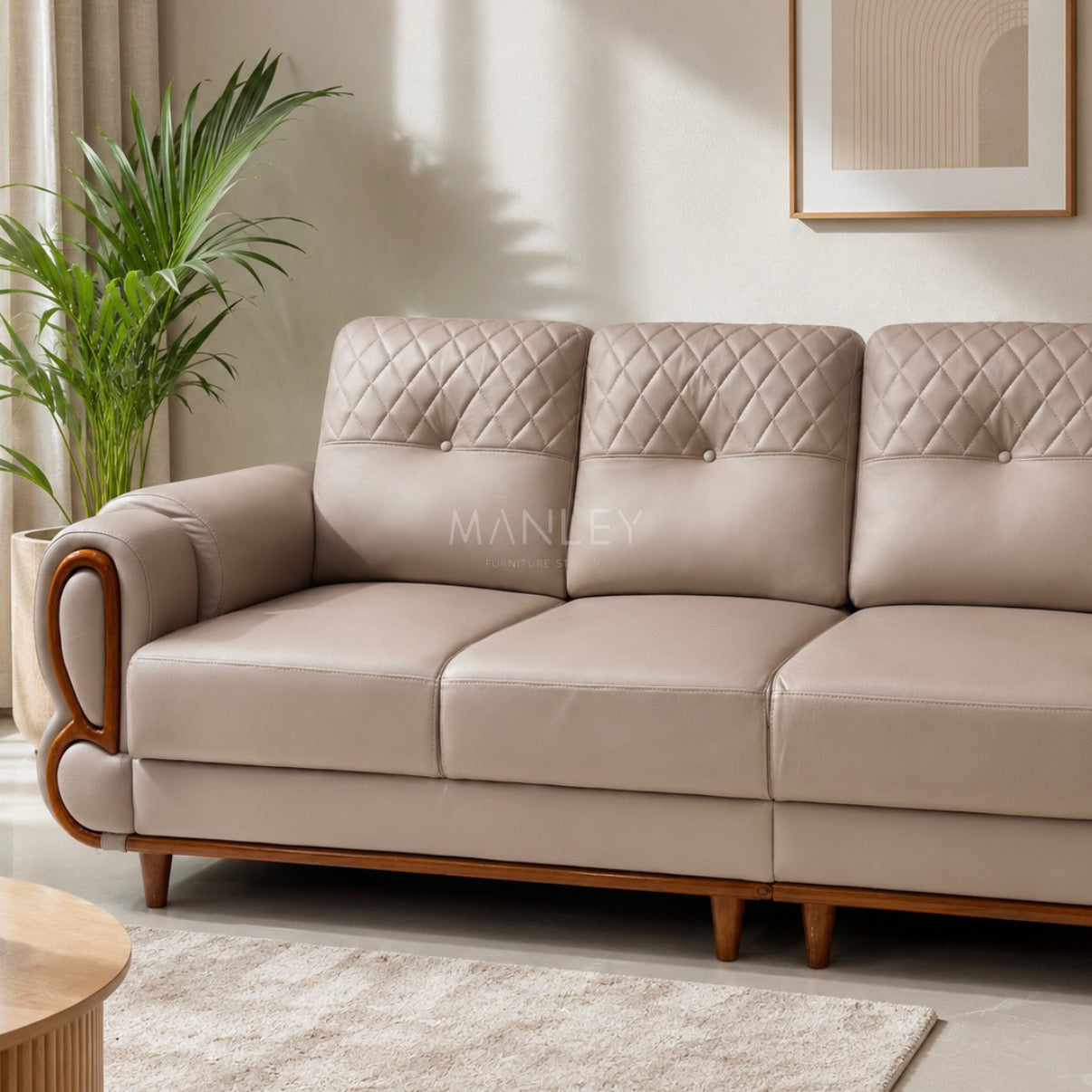 JASPER CORNER SOFA SET | MAHOGANY WOOD & FABRIC UPHOLSTERY | BEIGE