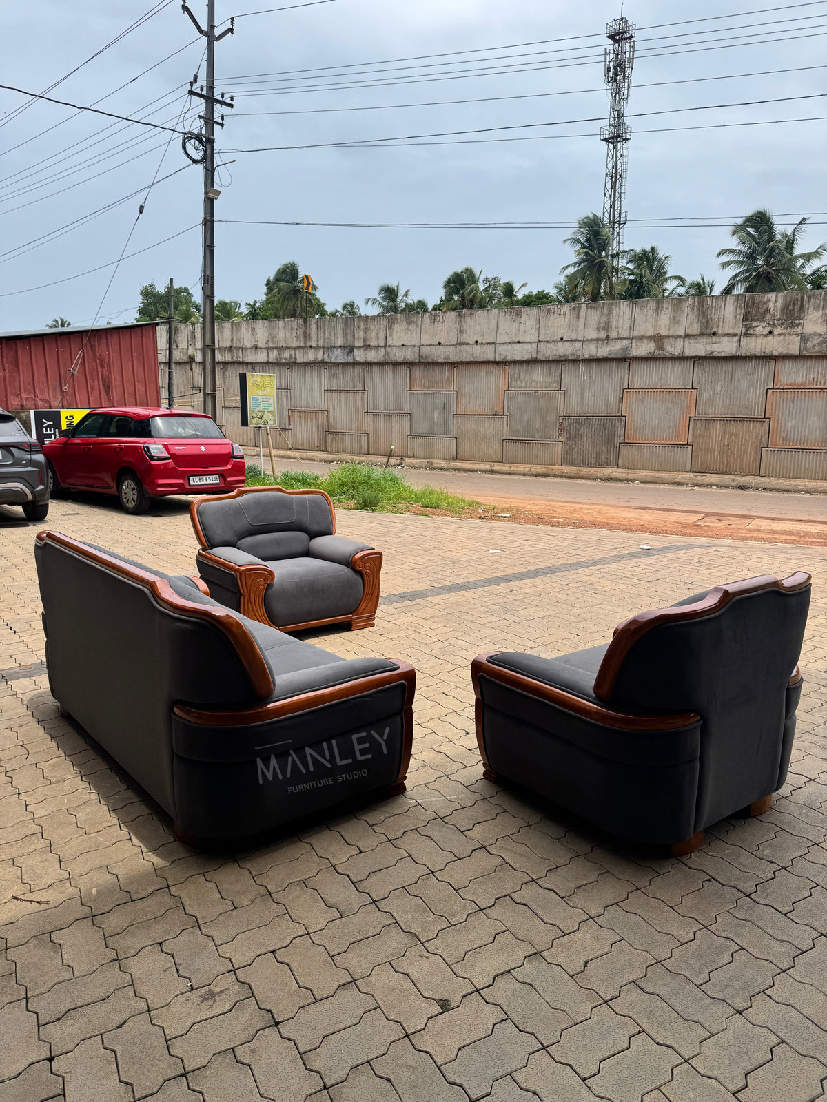 CHAISE 3+1+1 SOFA SET-TREATED MAHAGONY SUED FABRIC-GREY COLOUR