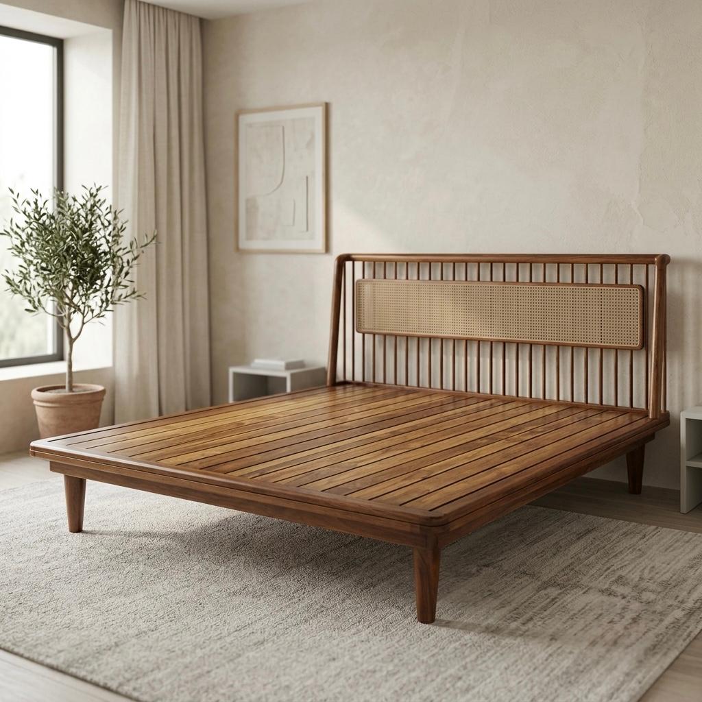 CANE COT | KING SIZE | SOLID TEAK & NATURAL CANE | WALNUT FINISH