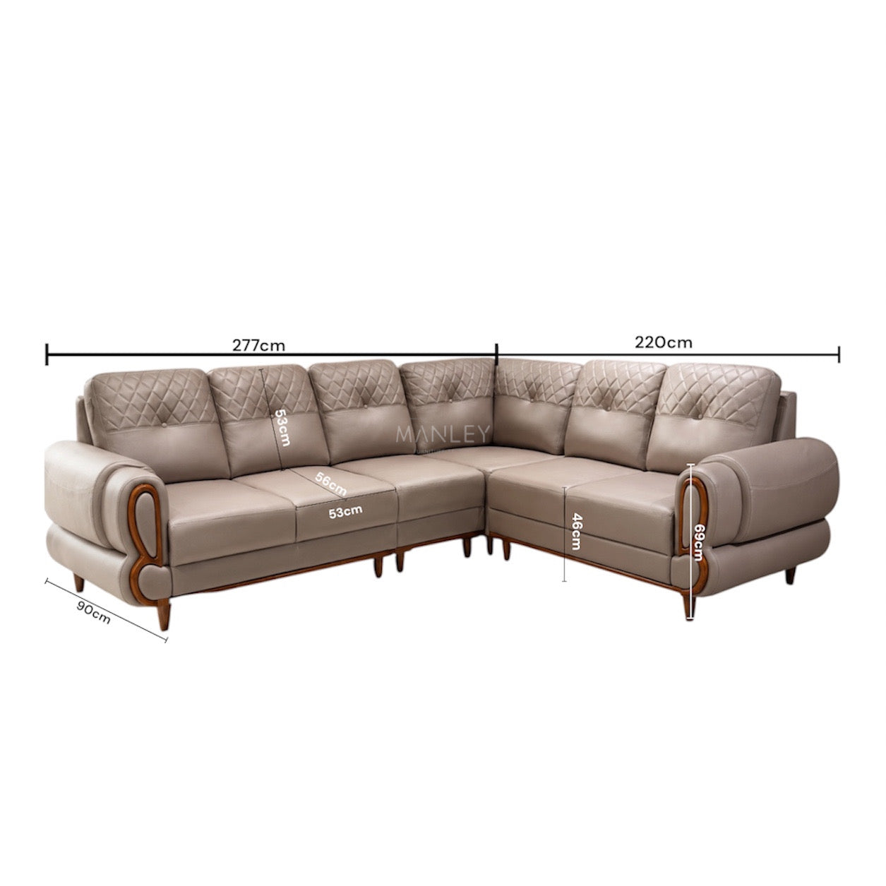 JASPER CORNER SOFA SET | MAHOGANY WOOD & FABRIC UPHOLSTERY | BEIGE