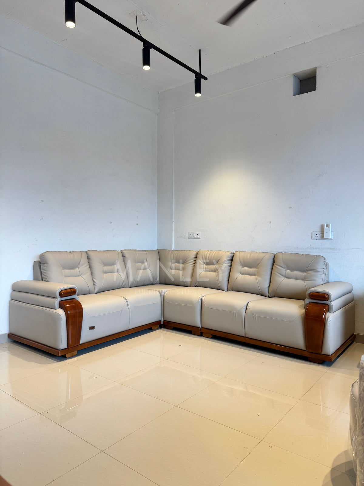 MONACO CORNER SOFA SET | MAHOGANY WOOD & SUEDE FABRIC UPHOLSTERY