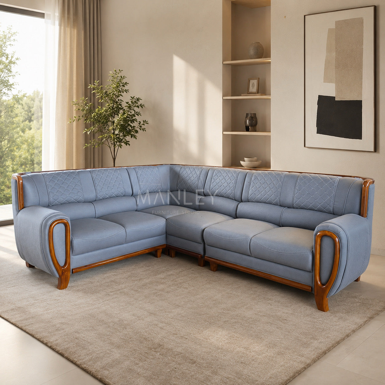 SERENITY CORNER SOFA SET | MAHOGANY WOOD & SUEDE FABRIC UPHOLSTERY | GREY