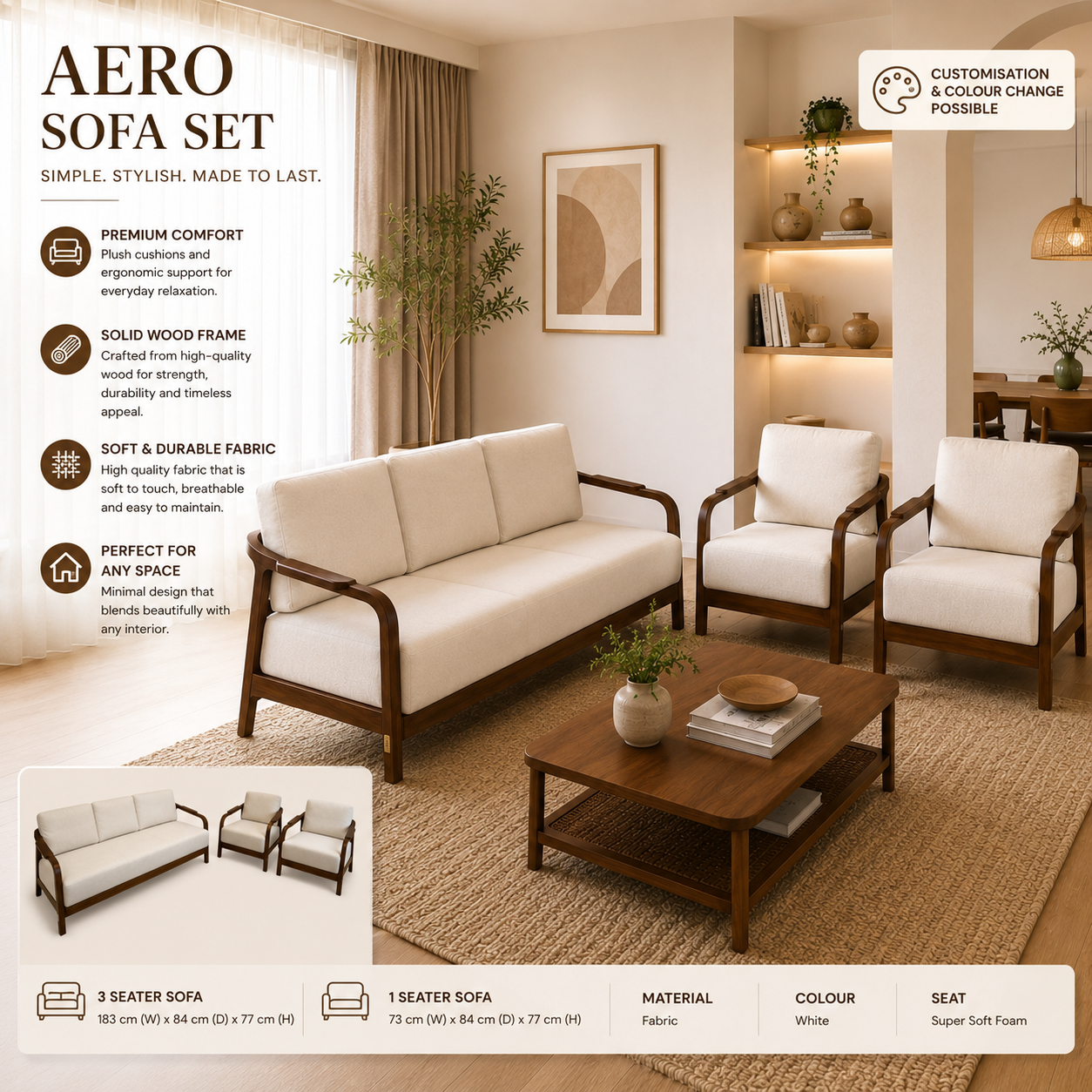 Aero 3+1+1 Sofa – Fabric White