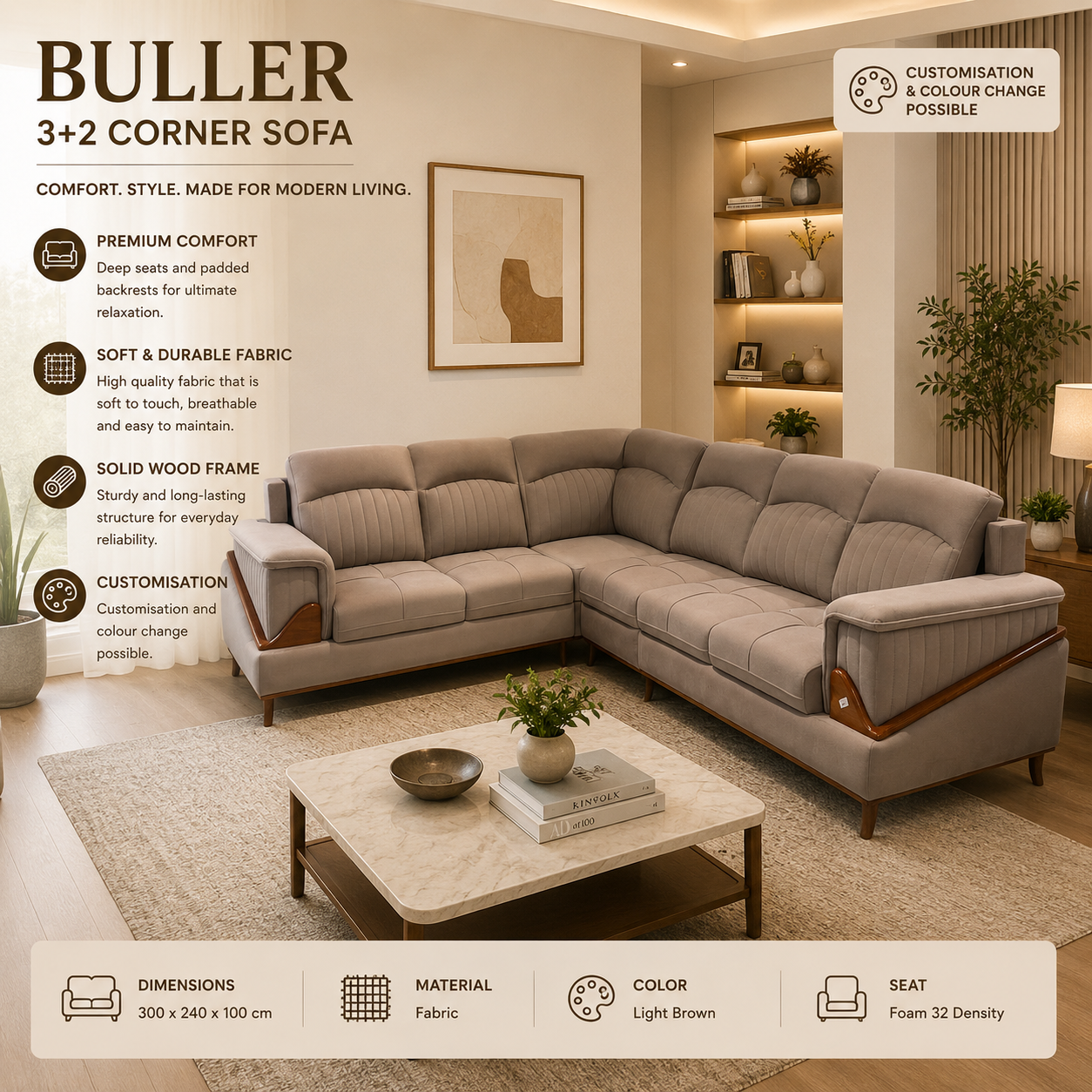 Buller 3+2 Corner sofa – Fabric Light Brown