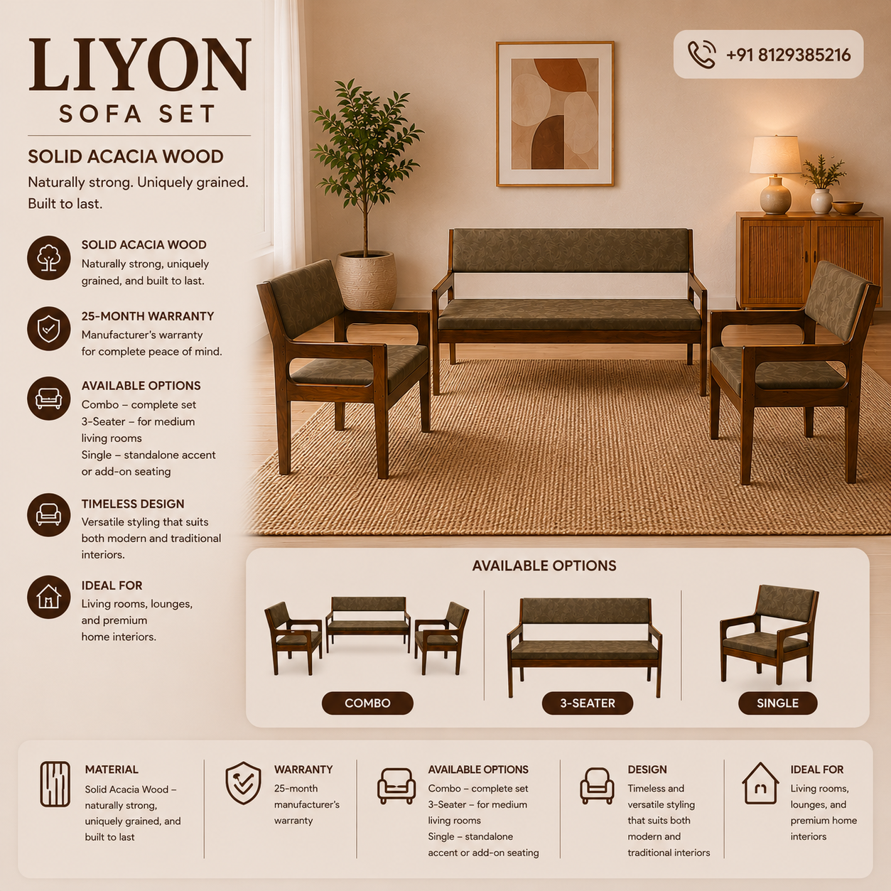 Advertisement for LIYON sofa set with furniture and product details.