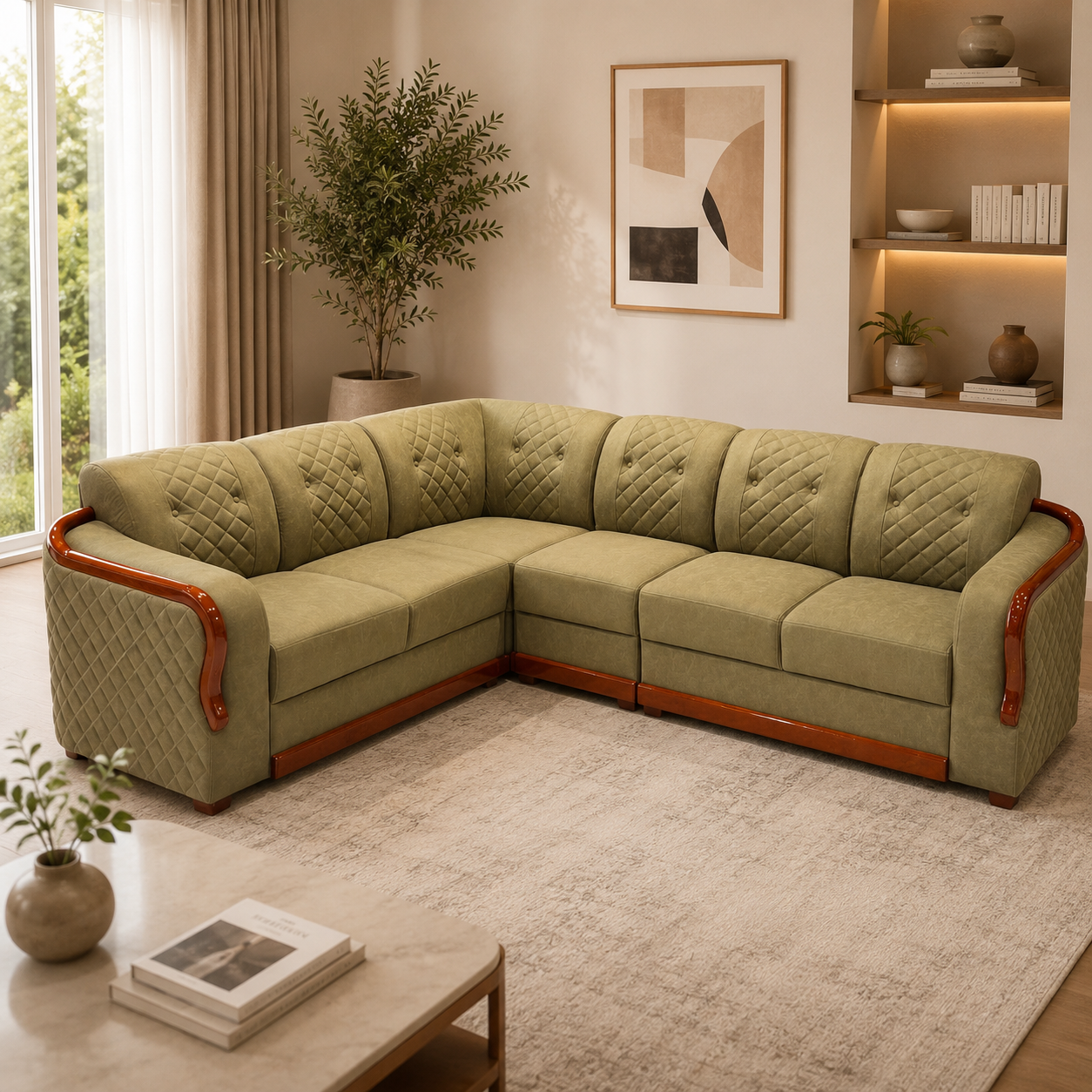 Piping Corner Sofa Set – Suede Fabric | Pocket Spring | Treated Mahogany | Mint Green