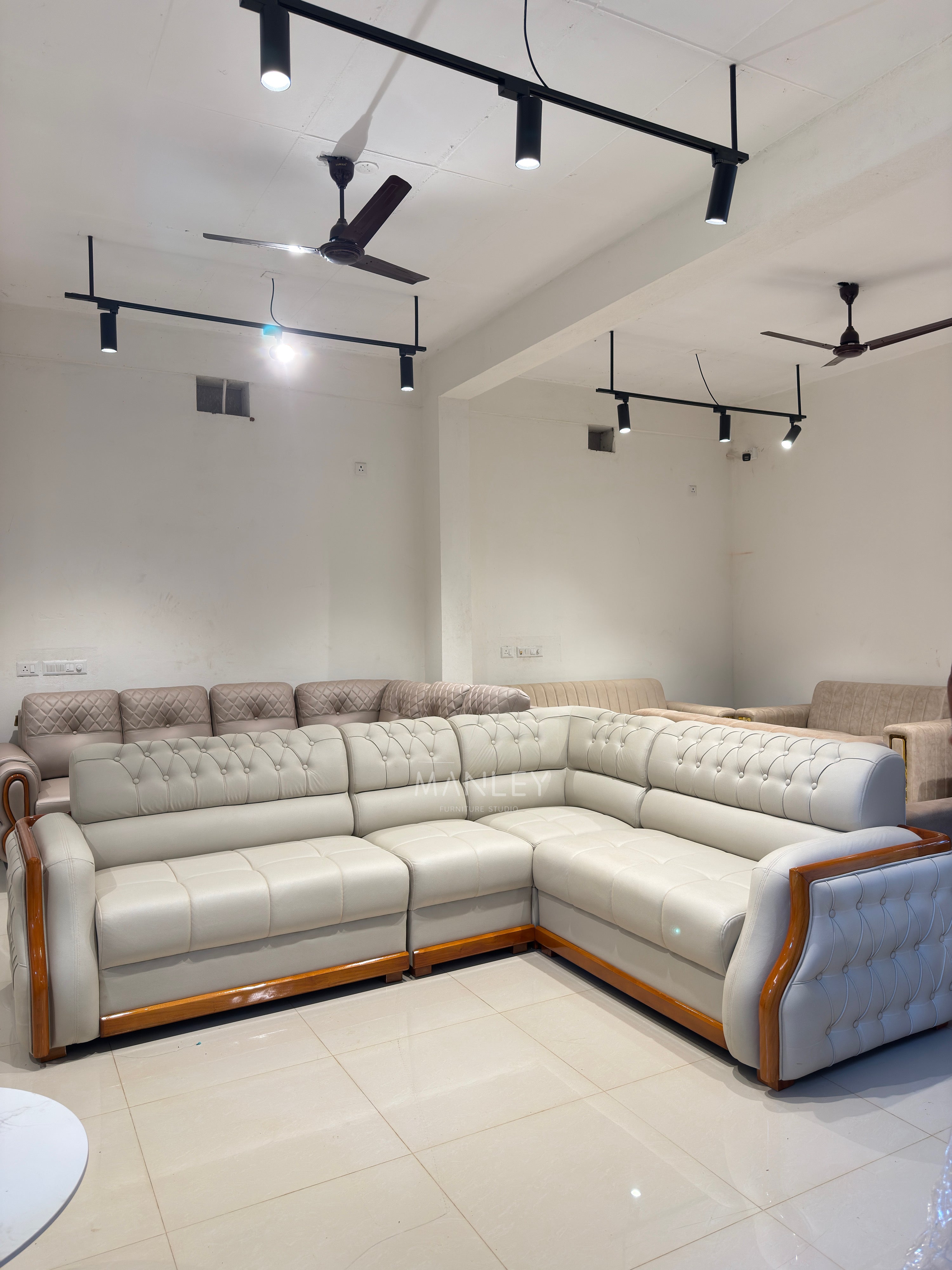 FALCON CORNER SOFA SET | MAHOGANY WOOD & FABRIC UPHOLSTERY